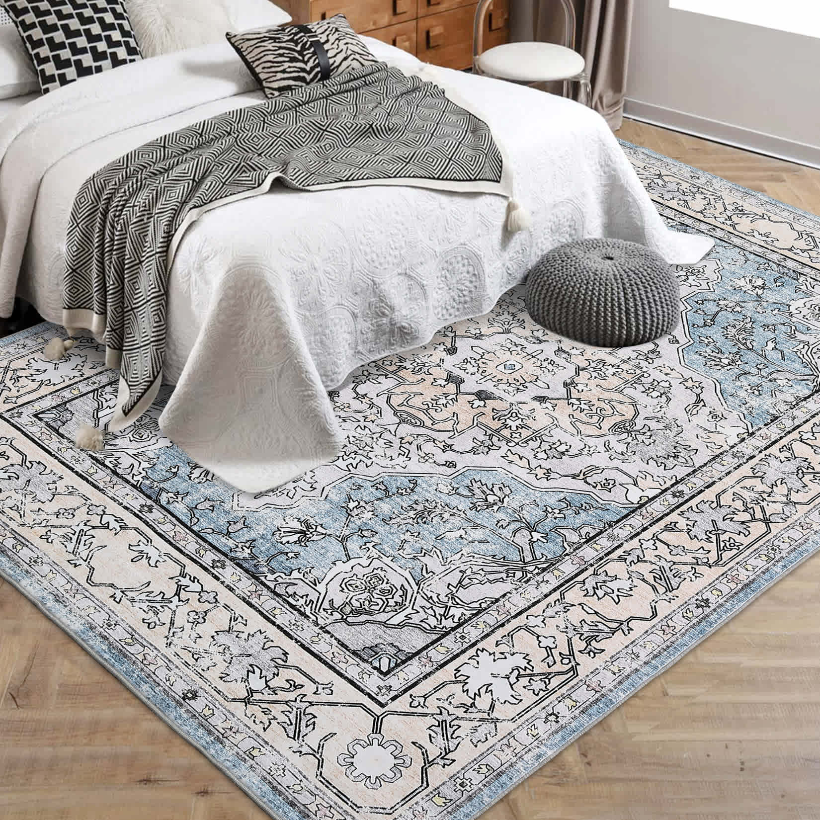 WhizMax LSNL-PHO-16FXV49Q Vintage Washable Soft Area Rug Low Pile Anti-Slip Stain Resistant Rug Foldable Thin Floral Printed Distressed Carpet Non Shedding Rug for Bedroom Living Room Dining Room