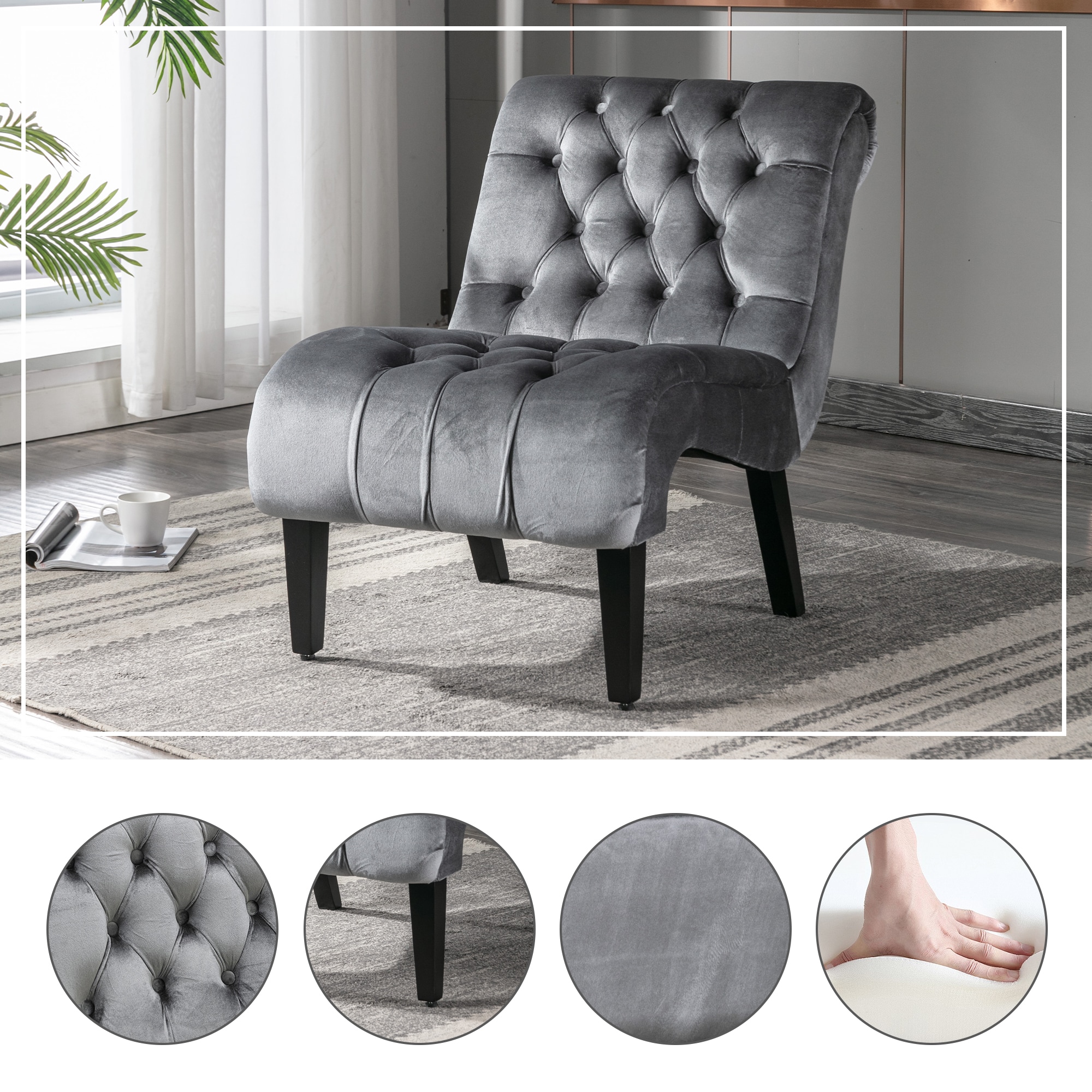 LUXEYARD - Modern Velvet Armless Accent Living Room Chair/Leisure Chair Upholstered Fabric Button...