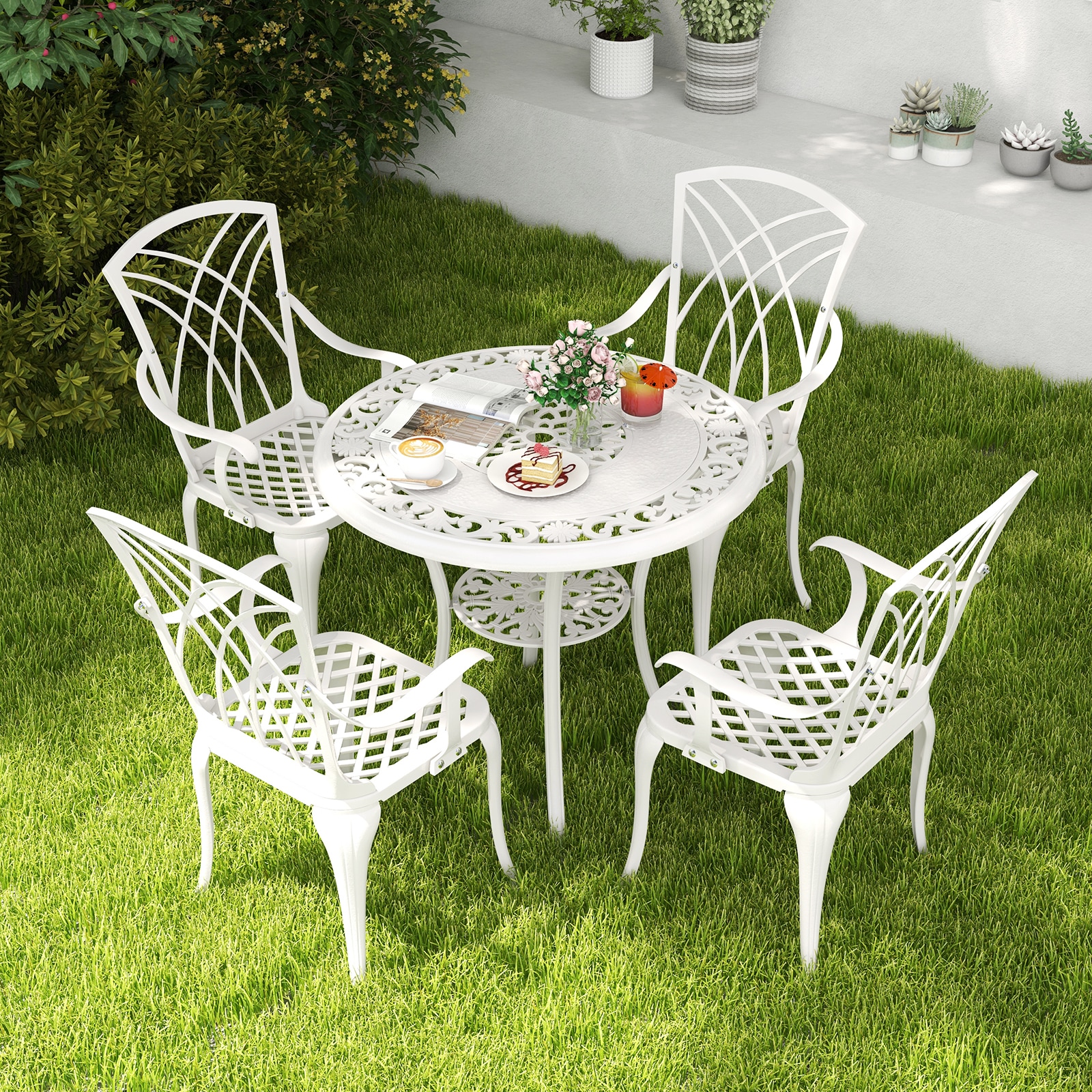 Forclover HBV-323WH 5 -Piece White Patio Dining Set Aluminum Round Table with 4 Stationary Chairs