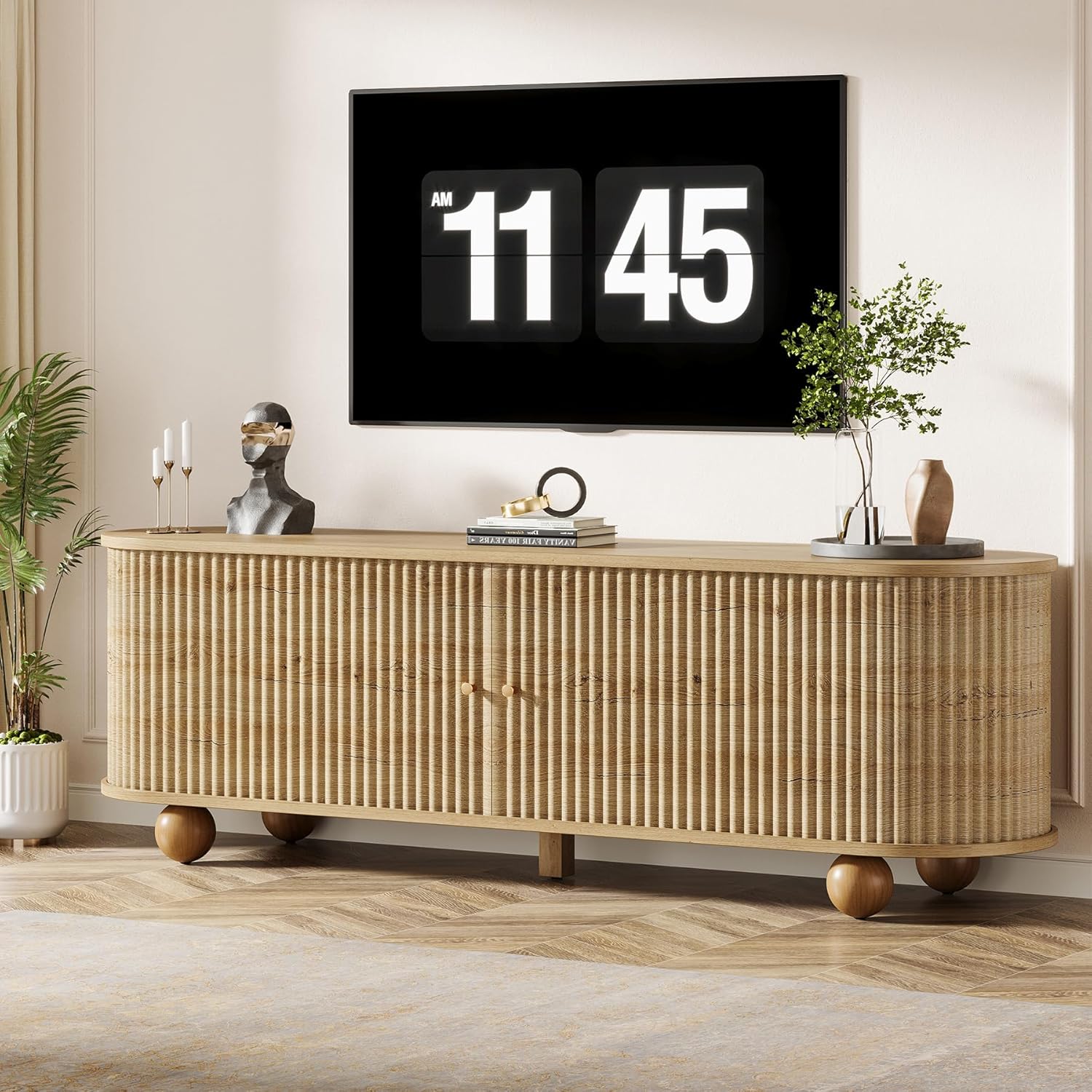 Tribesigns 70 inch W Farmhouse Walnut TV Stand Up to 80 inch with Storage Shelves and Sliding Doors
