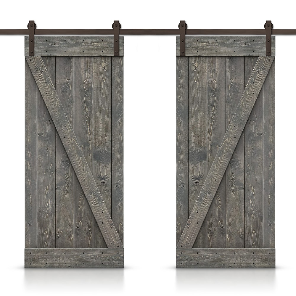 CALHOME CN+(2)S11-AB+B30GT 60-in x 84-in Weather gray X-frame Pine Wood Solid core Double Barn Door (Hardware Included)