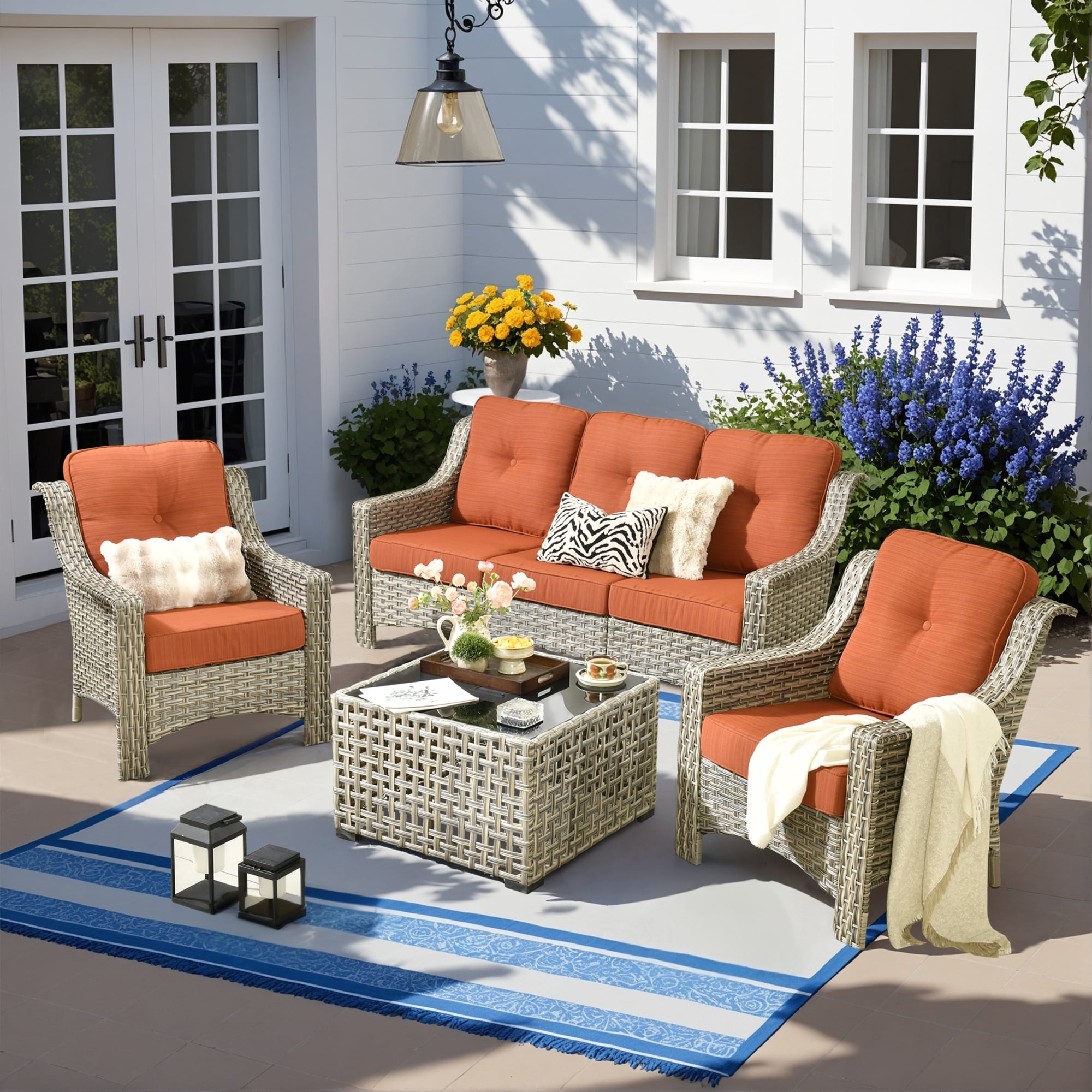 Caodoc L5-PAD804-T New right-Angles Rattan Outdoor Sectional with Orange Cushions and Rattan Frame