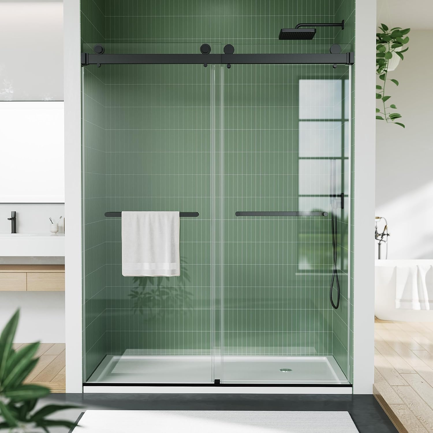 GAOMON 60 x 74 Inch Dual Sliding Tempered Glass Shower Door- Square Stainless Steel Guide Rail 6mm Glass Panel- Matte Black Finish Bathroom Shower Enclosure Kit