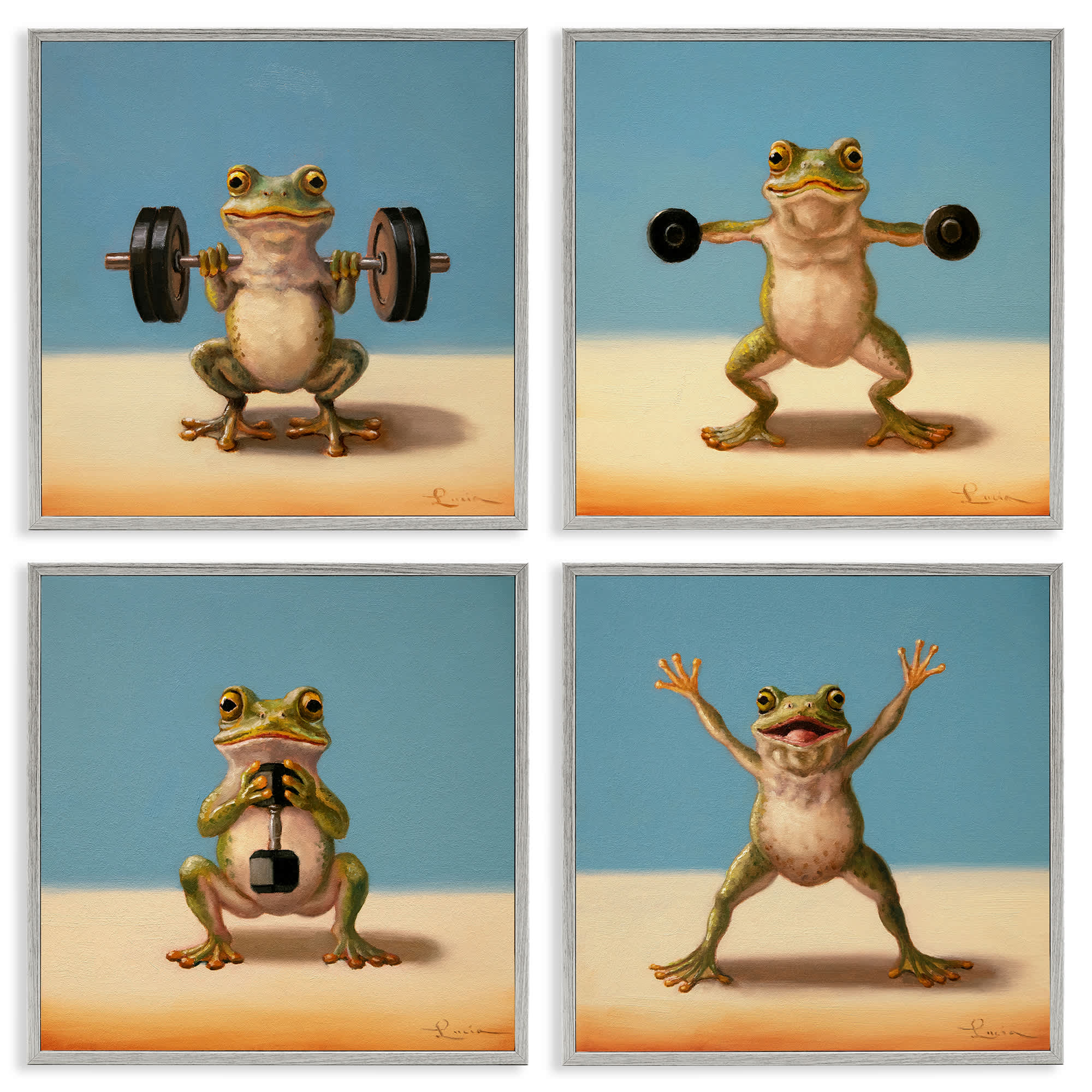 Stupell Industries A4-265-GFF-4PC-17X17 Weightlifting Frogs Various Workouts 4pc Framed Giclee Set design by Lucia Heffernan