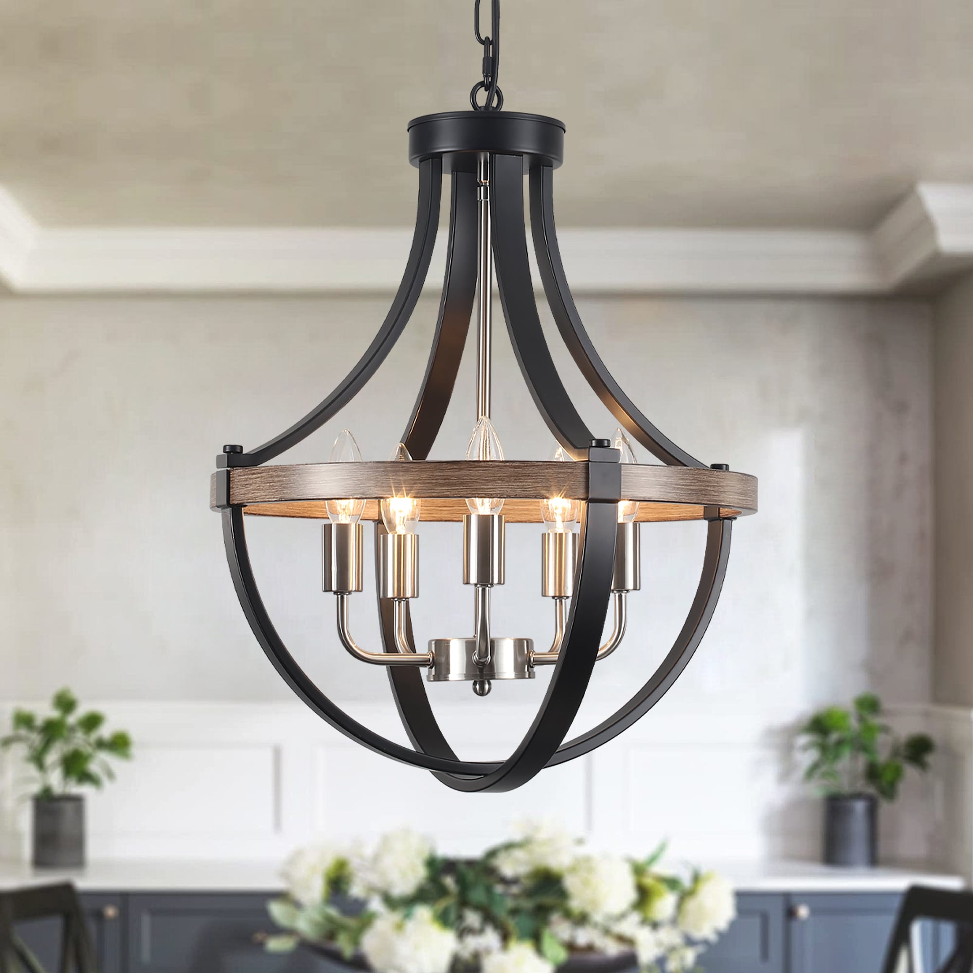 ADSENSTY 16.53inch 5 Light Matte Black Brown And Nickel Farmhouse Dimmable Cage Lantern Hanging Pendant Lighting