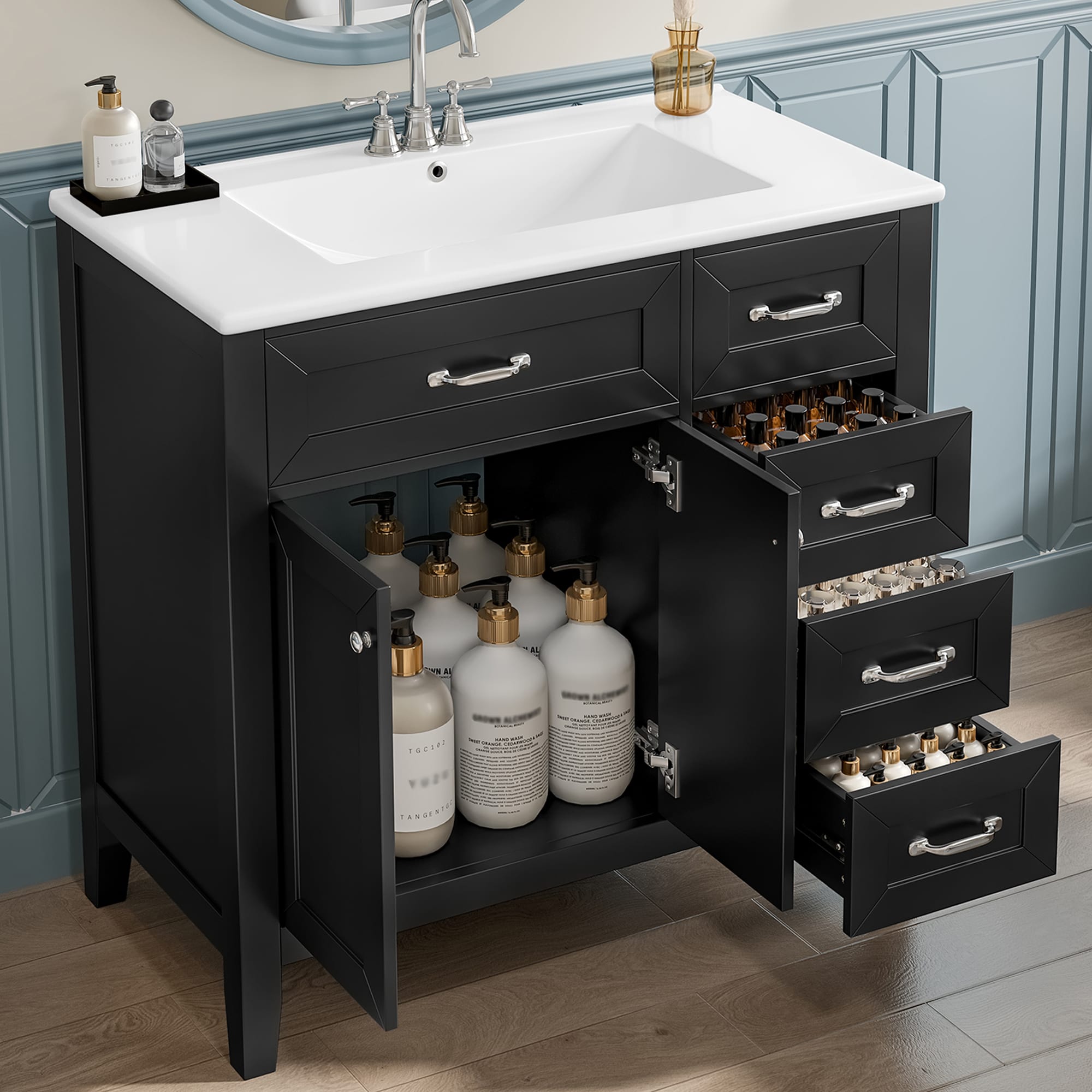 Tatayosi - 36 inch Black Bathroom Vanity with Ceramic Sink Solid Wood Frame Silver Handles and Am...