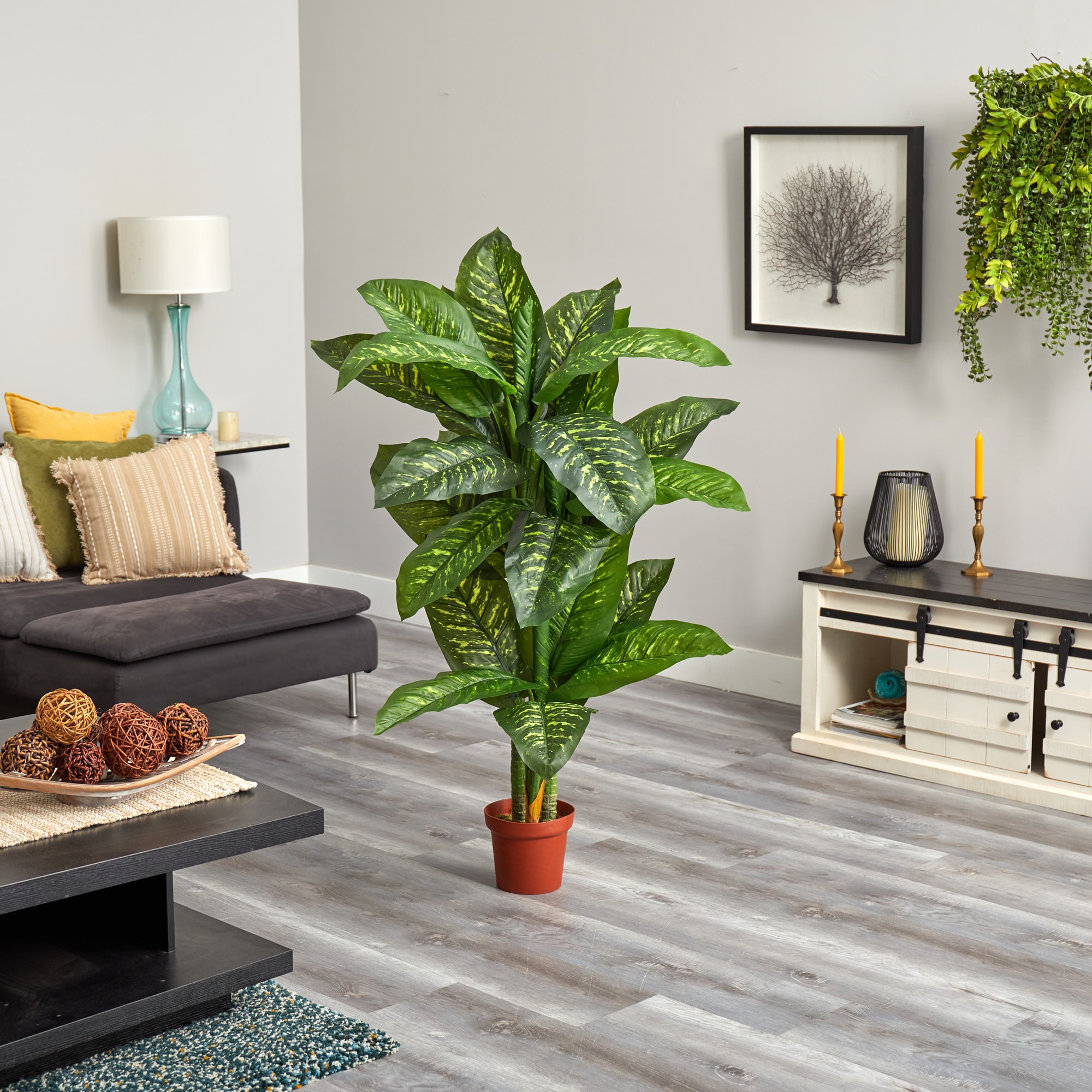 5' Green Dieffenbachia Silk Potted Floor Plant