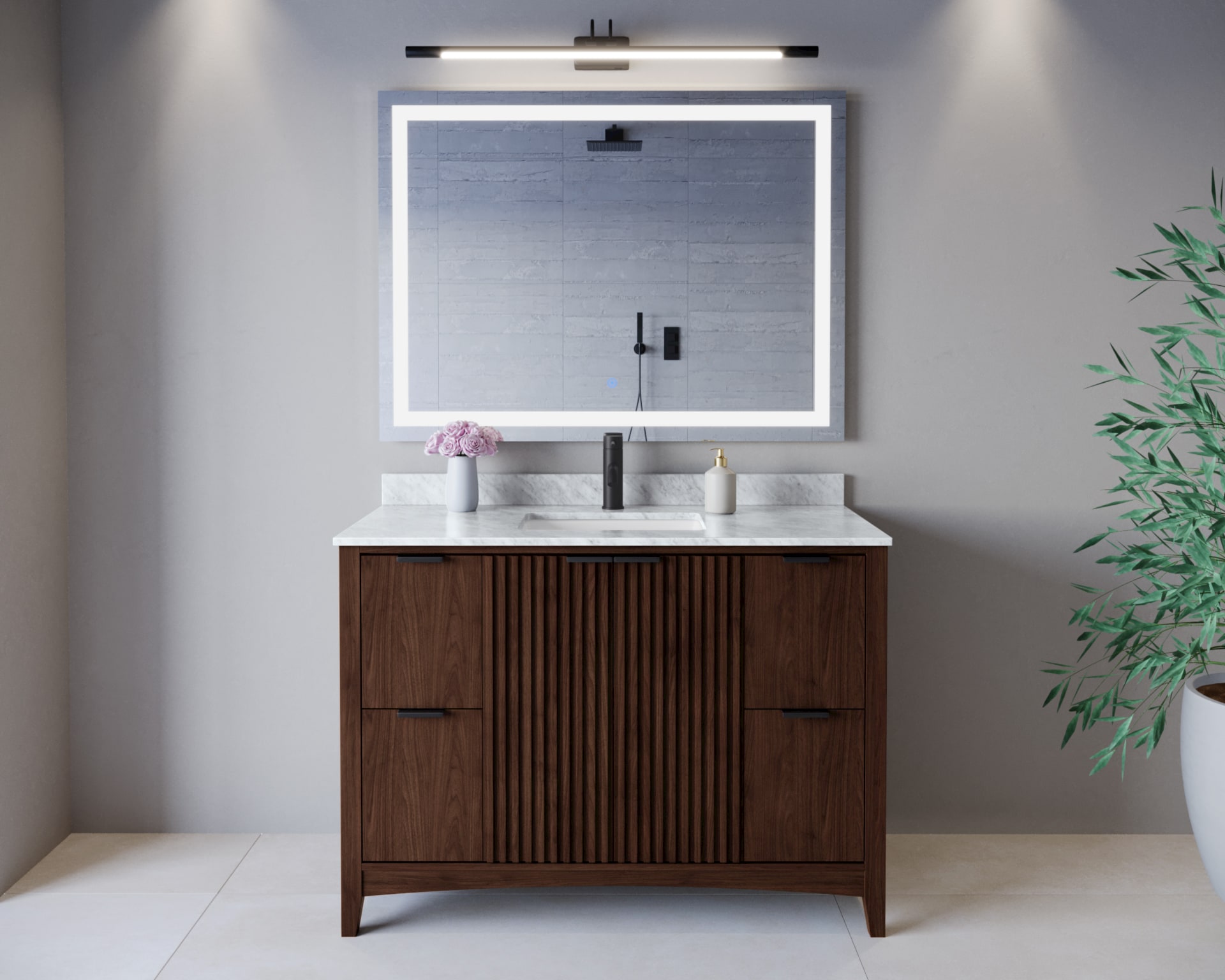 Wyndham Collection Palmilla 48-in Dark Walnut with Matte Black Trim Undermount Single Sink Bathroom Vanity with White Carrara Marble Natural Marble Top