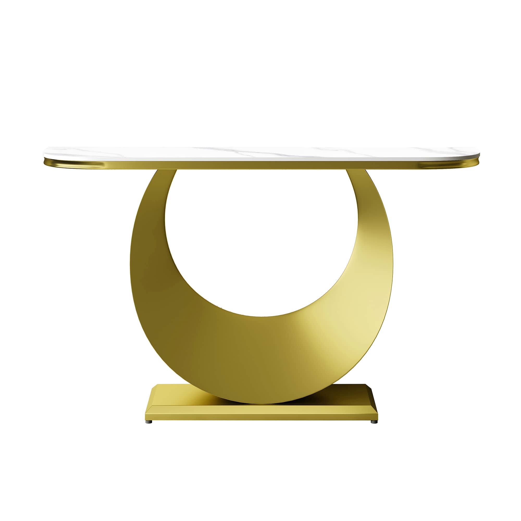 Vynxaria  47 in Gold White Half Moon Sintered Stone Console Table with Faux Marble Top Metal Base Decorative Ring