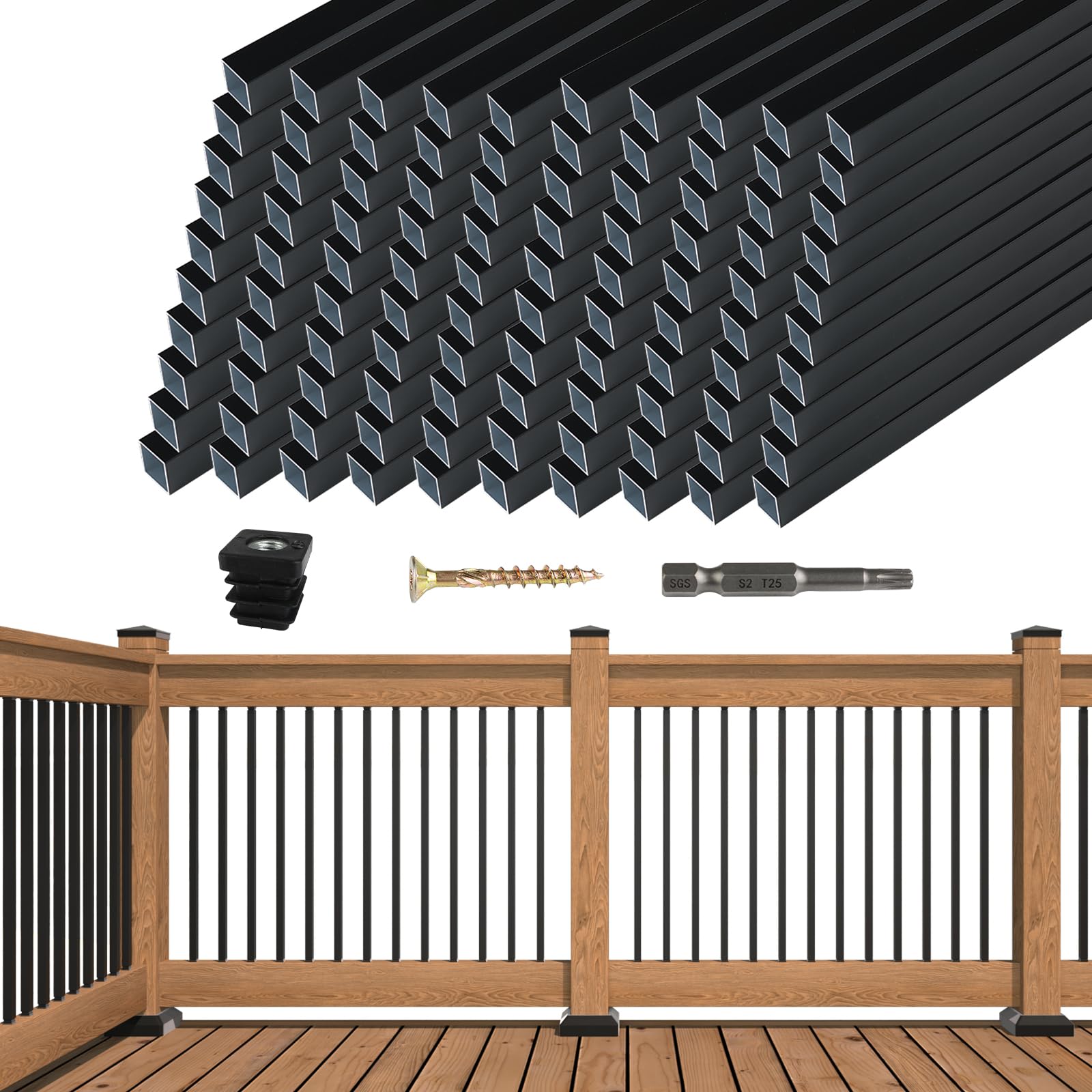 Afoxsos 100 Pack 26 inch x 0.75 inch Aluminum Square Deck Balusters Black Hollow Spindles with Screws Fits 36 inch Railings for Porch Fencing #LAF0219D15