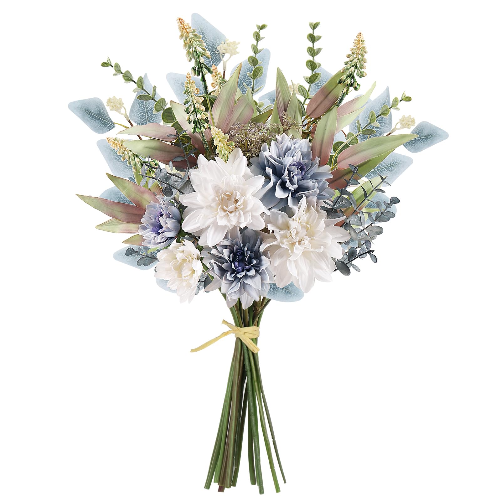 Vrbgify -  Artificial Flowers Bouquet Blue White Silk Dahlia and Eucalyptus Faux Floral Arrangeme...