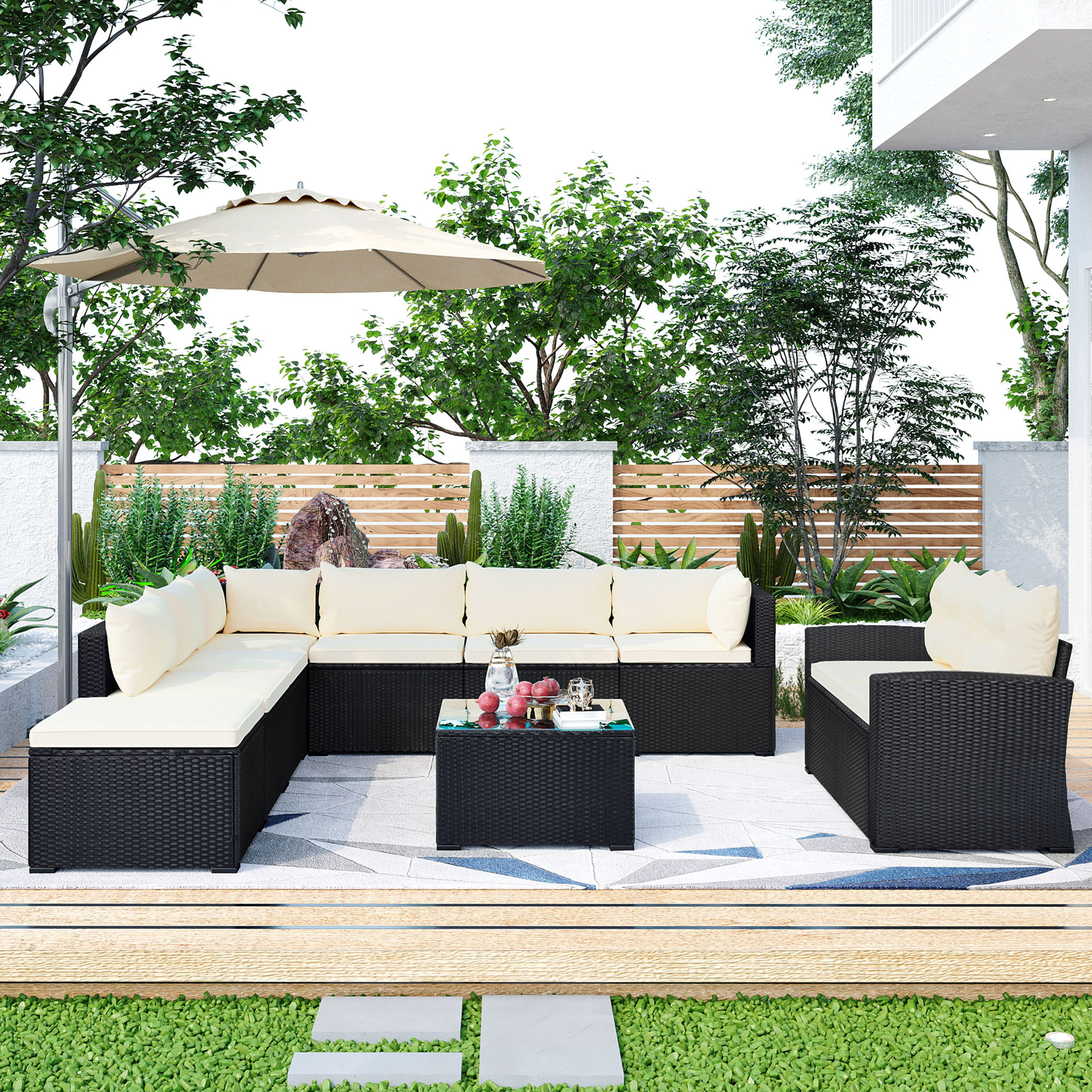 Afoxsos LSSA11OT028 9-Piece Wicker Patio Conversation Set with Off-white Cushions