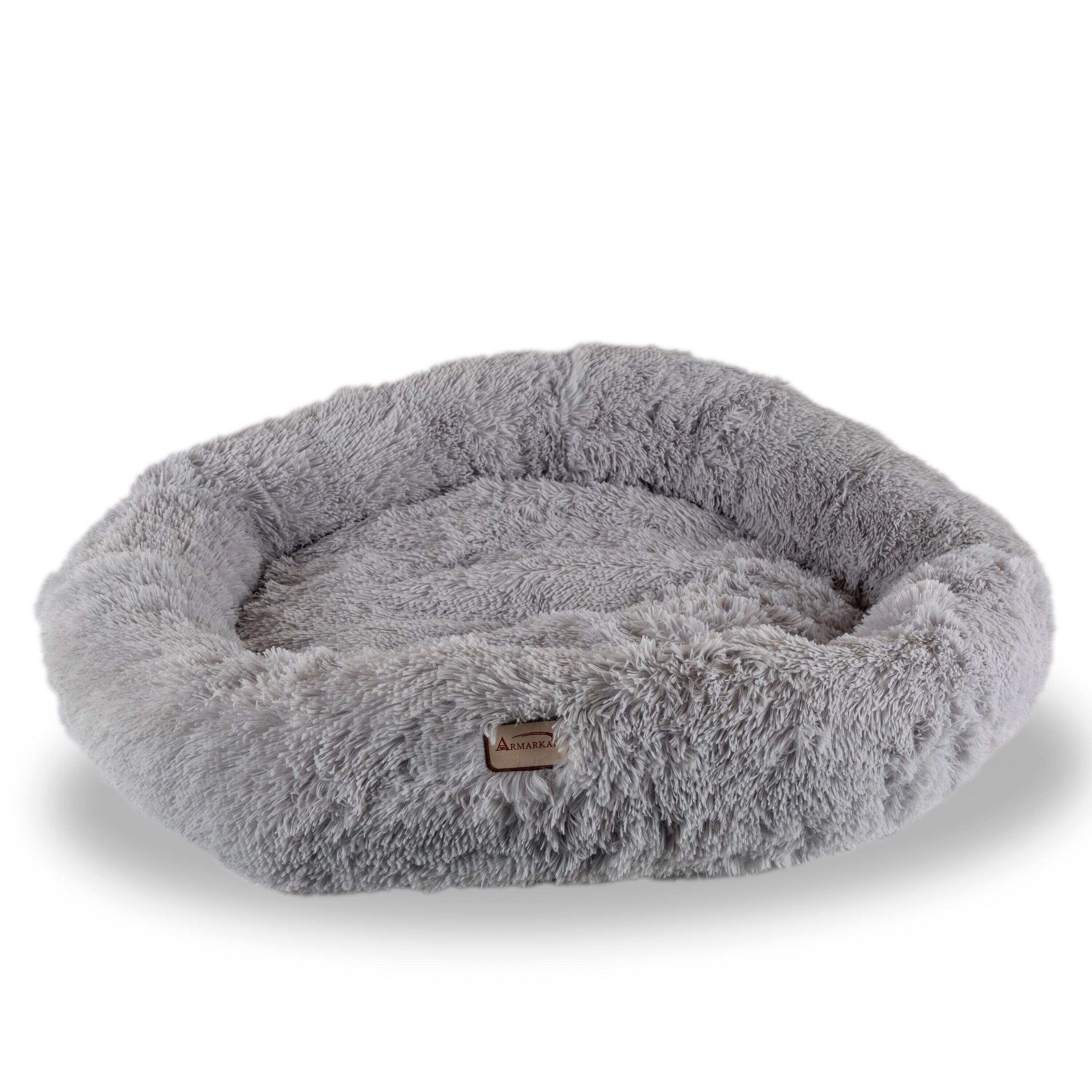Large Gray Plush Round Faux Fur Pet Bed