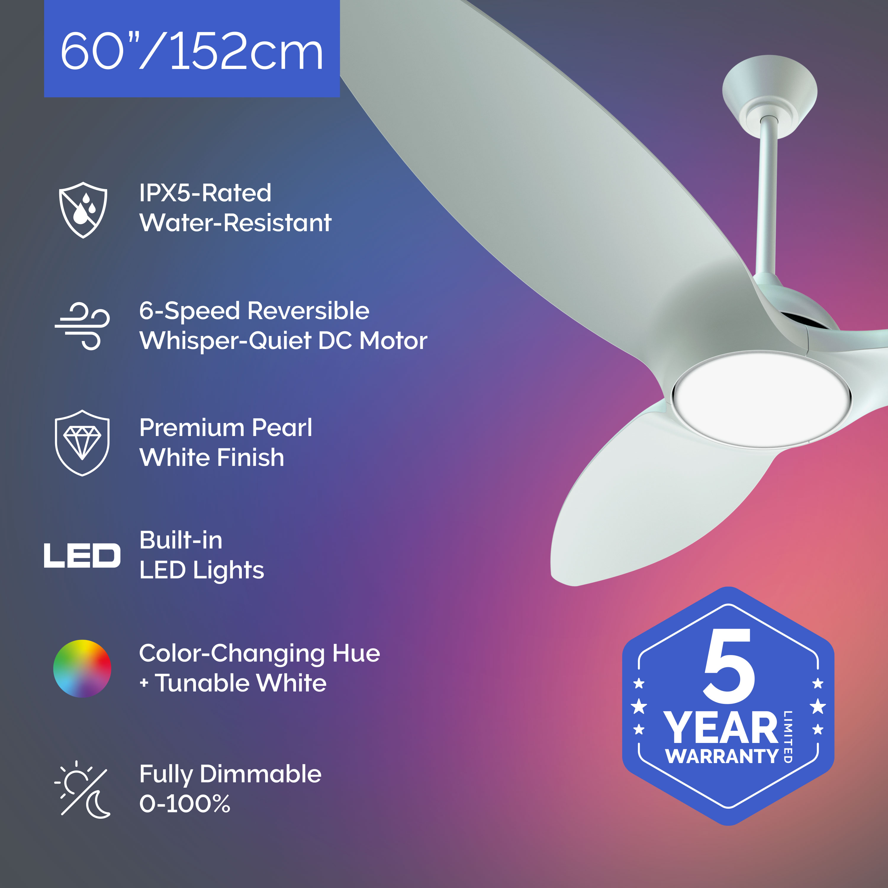 atomi smart Slique 60-in Pearl White LED Covered Outdoor Ceiling Fan With Light Sansujyuku sansujyuku.com