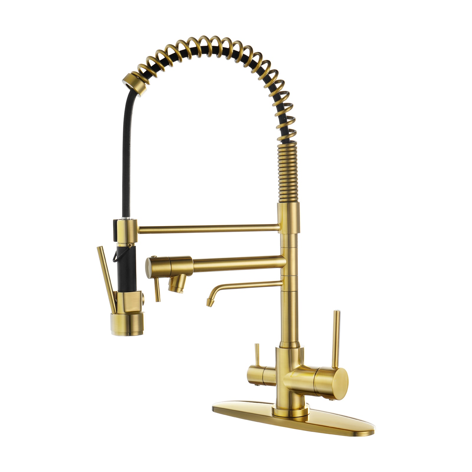 WOWOW 2317200G Gold Double Handle Deck-mount Pull-down Kitchen Faucet with Sprayer (Includes Deck Plate)