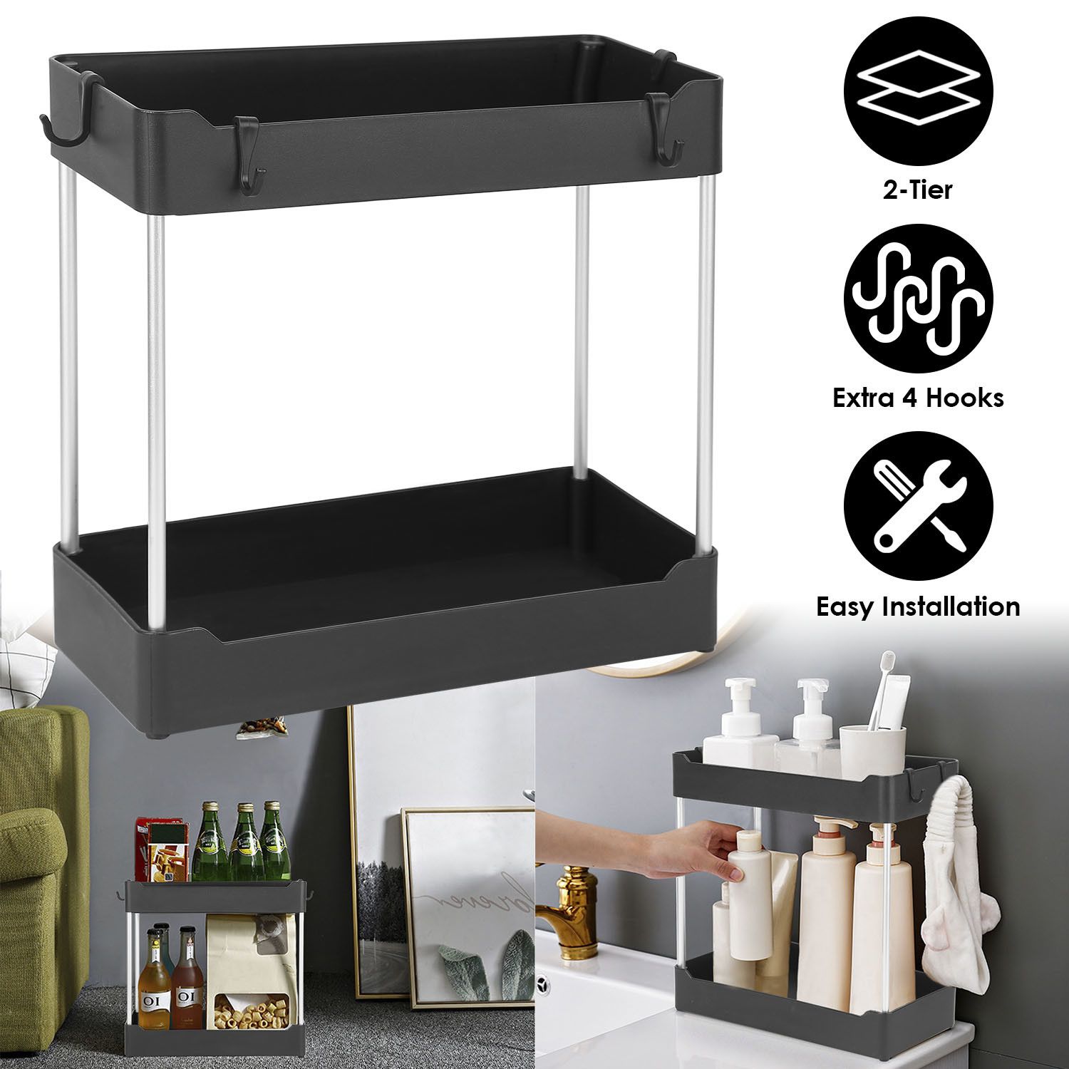 JUSHUA 2-Tier Under Sink Shelf Organizer Space Saving Bathroom Storage Rack with 4 Hooks