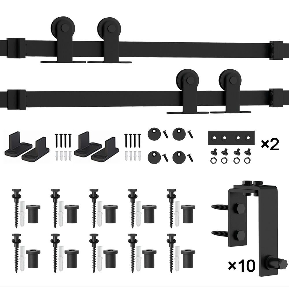 WINSOON 144-in Matte Black Indoor Top Mount Double Bypass Barn Door ...