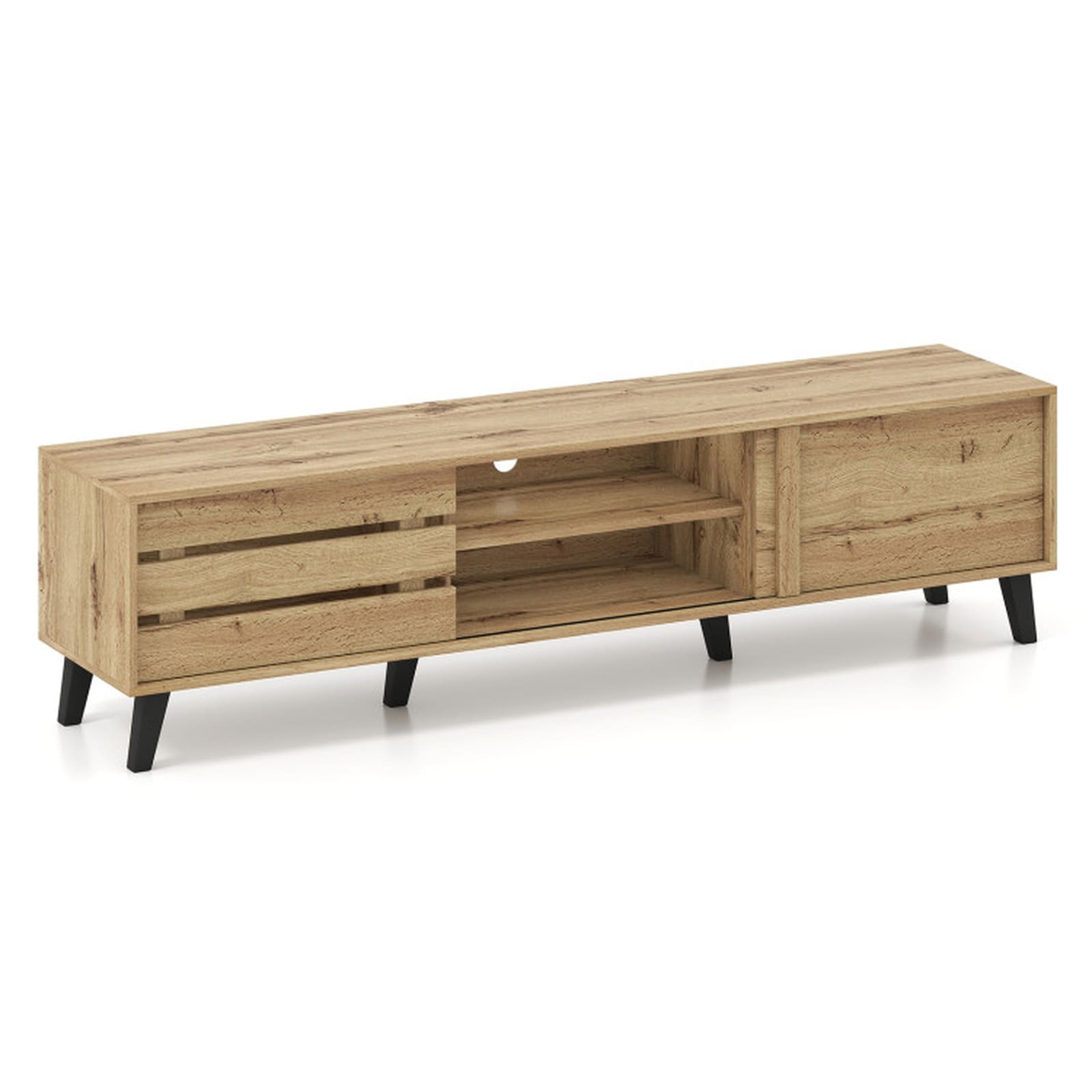 SUGIFT 71-in Mid Century Modern TV Stand for TVs up to 80-in with 2 Sliding Door Cabinets 2 Storage Shelves 6-Leg Support Built-In Cable Holes MDF Engineered Wood 150-lb Tabletop Oak for Living Room Media Room