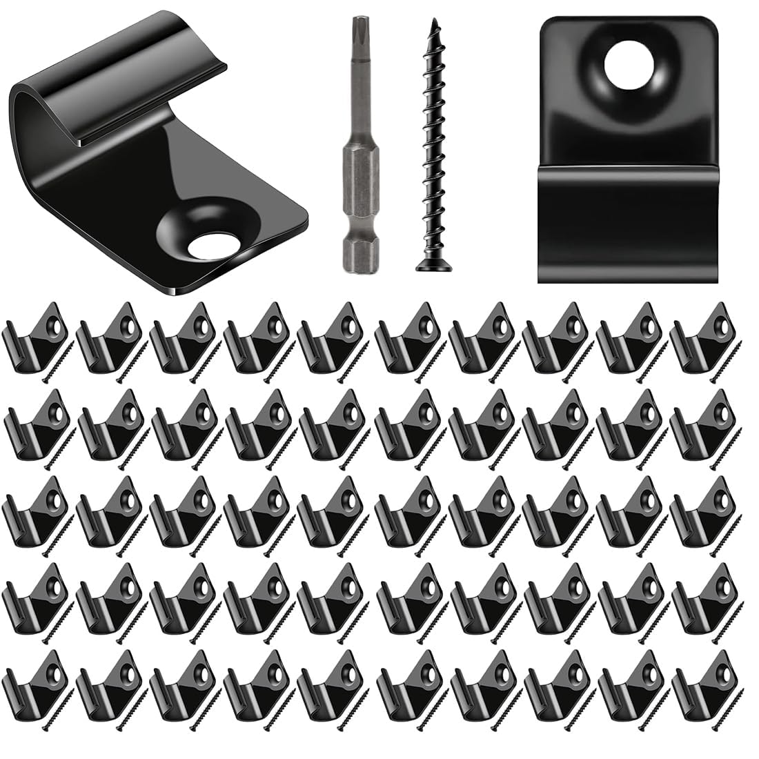 Etokfoks  304 Stainless Steel Black Hidden Starter Clips Fastener with Screws and Drive Bit for Decking Board 50pcs Pack