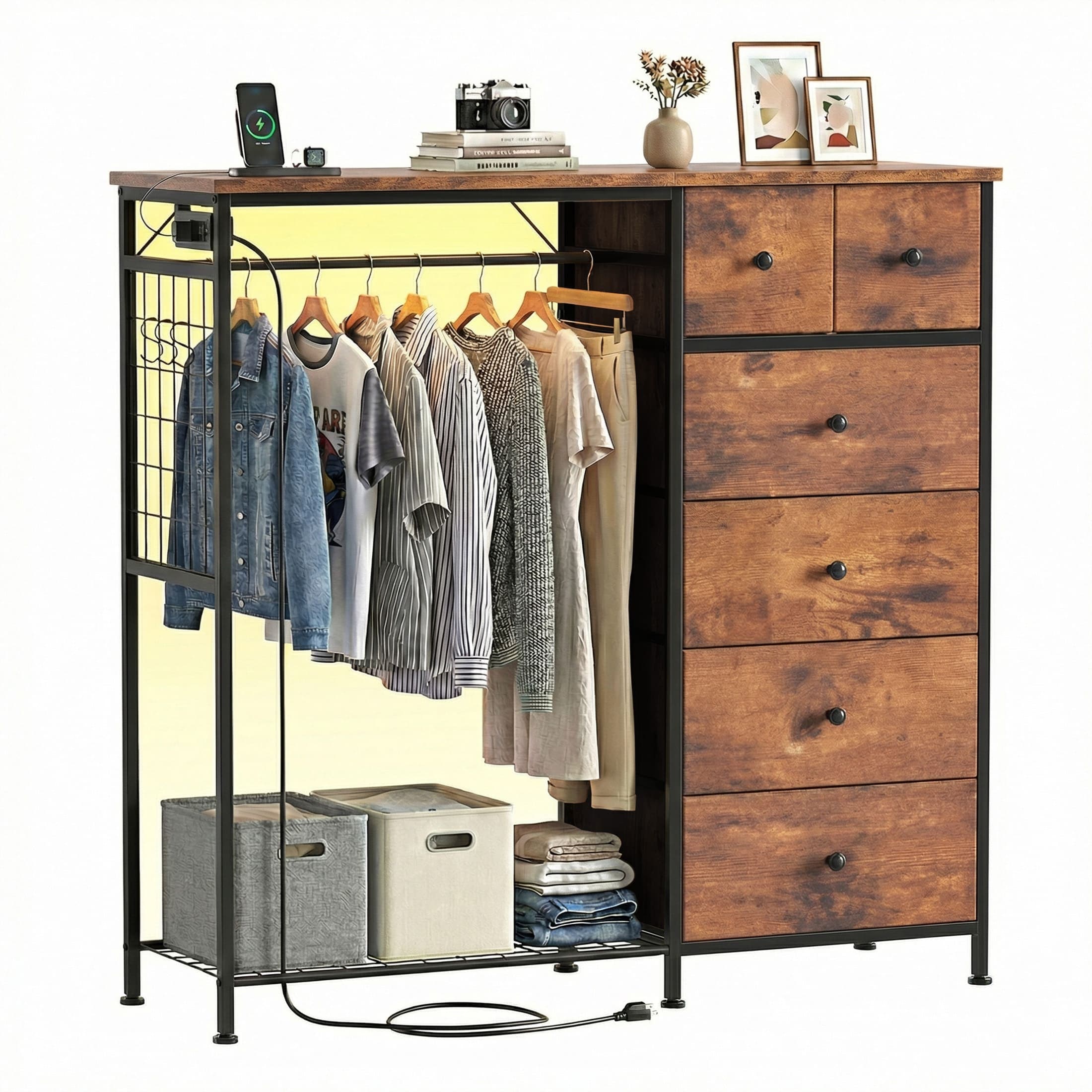 Sweetcrispy 47.2-in H Dresser with Hanging Rack and 6 Fabric Drawers Closet Organizer with LED Lights and Charging Station Rustic Brown