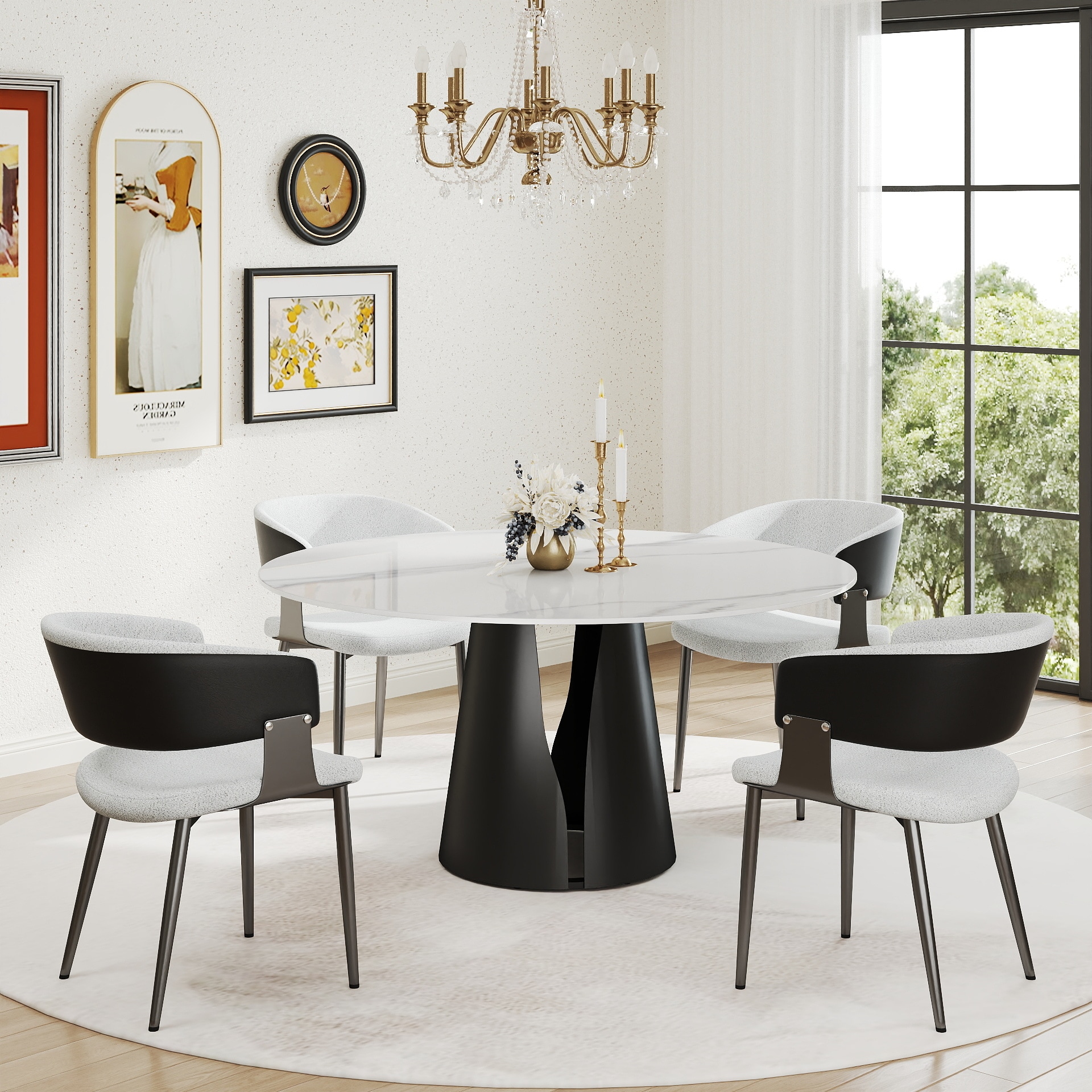 BuotiqHom DH-AT-150W-3B 59 in. White Round Contemporary/Modern Dining Table, Ceramic with Primed Metal Pedestal Base 59-in L x 29.5-in H