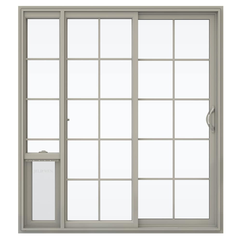 JELD-WEN LOWOLJW181500150 72-in x 80-in x 4-9/16-in Jamb Desert Sand Vinyl Right-hand Sliding Patio Door with Low-E argon Glass with Grilles (Screen Included)