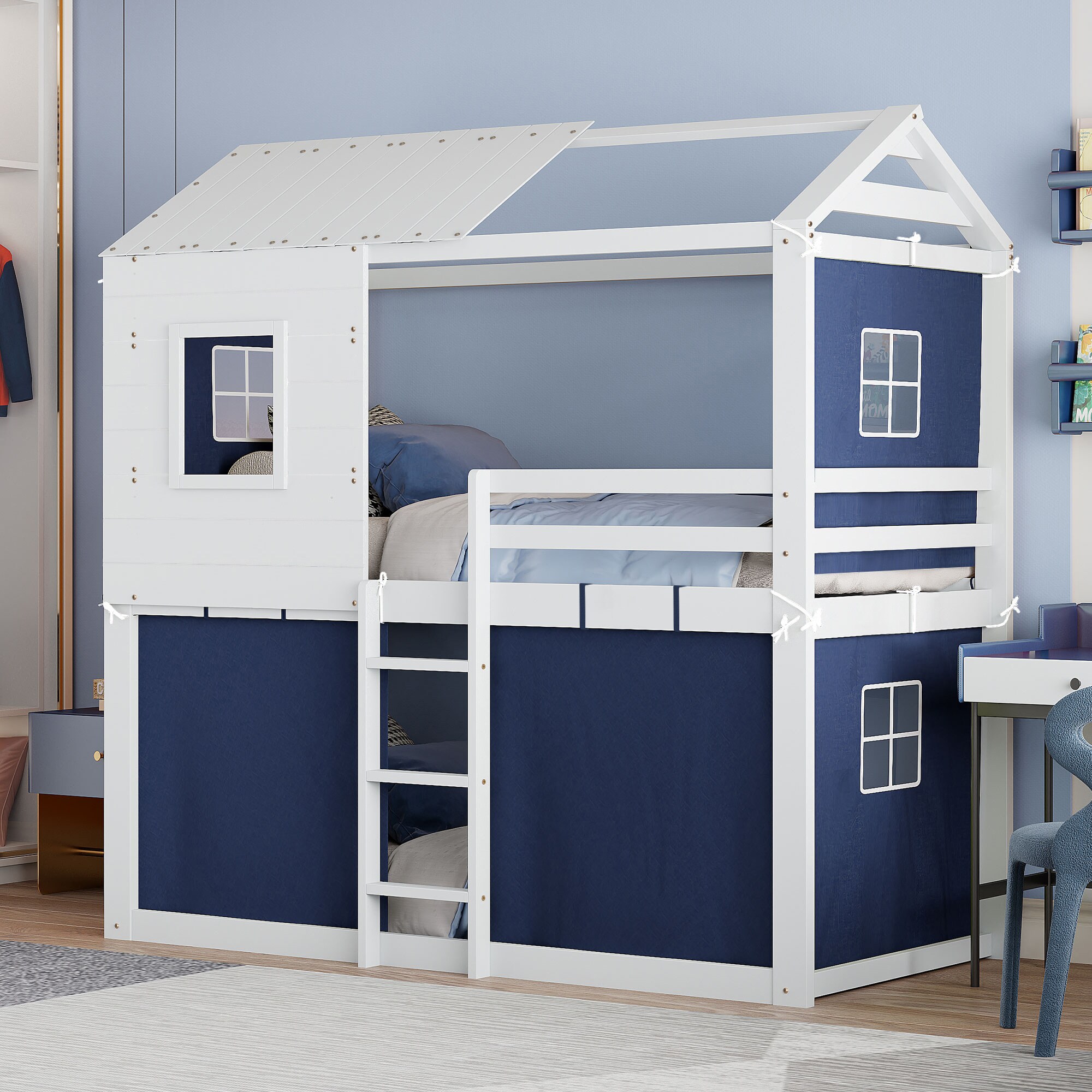 ModernLuxe - Assembly Required Twin Size Bunk Wood House Bed with Tent BlueWhite