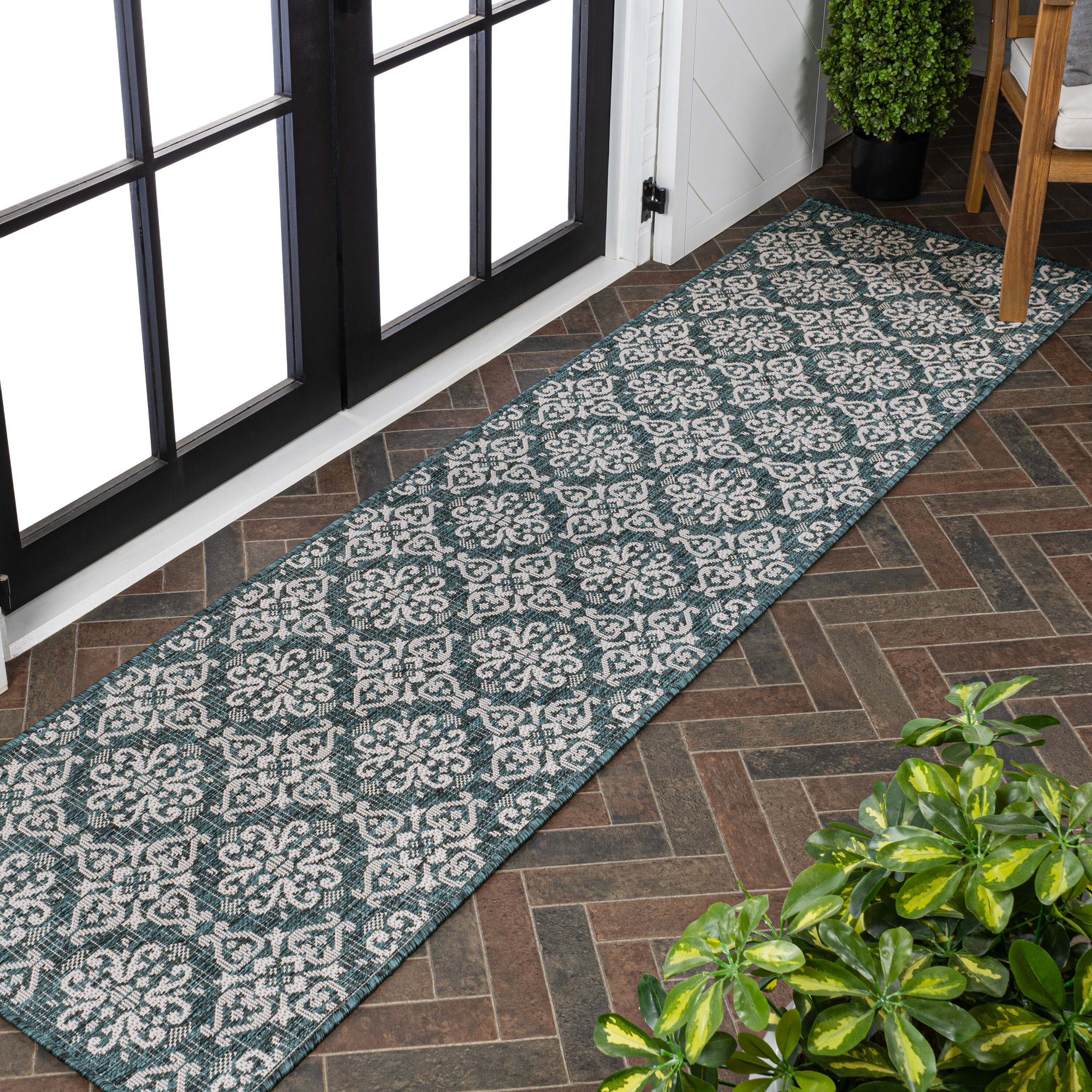 JONATHAN  Y TSN206E-28 TUSCAN SUN Amora Mediterranean Tile Design 2 x 8 (ft) Loomed Polypropylene Turquoise/Cream Rectangular Indoor/Outdoor Floral/Botanical Farmhouse/Cottage Runner rug