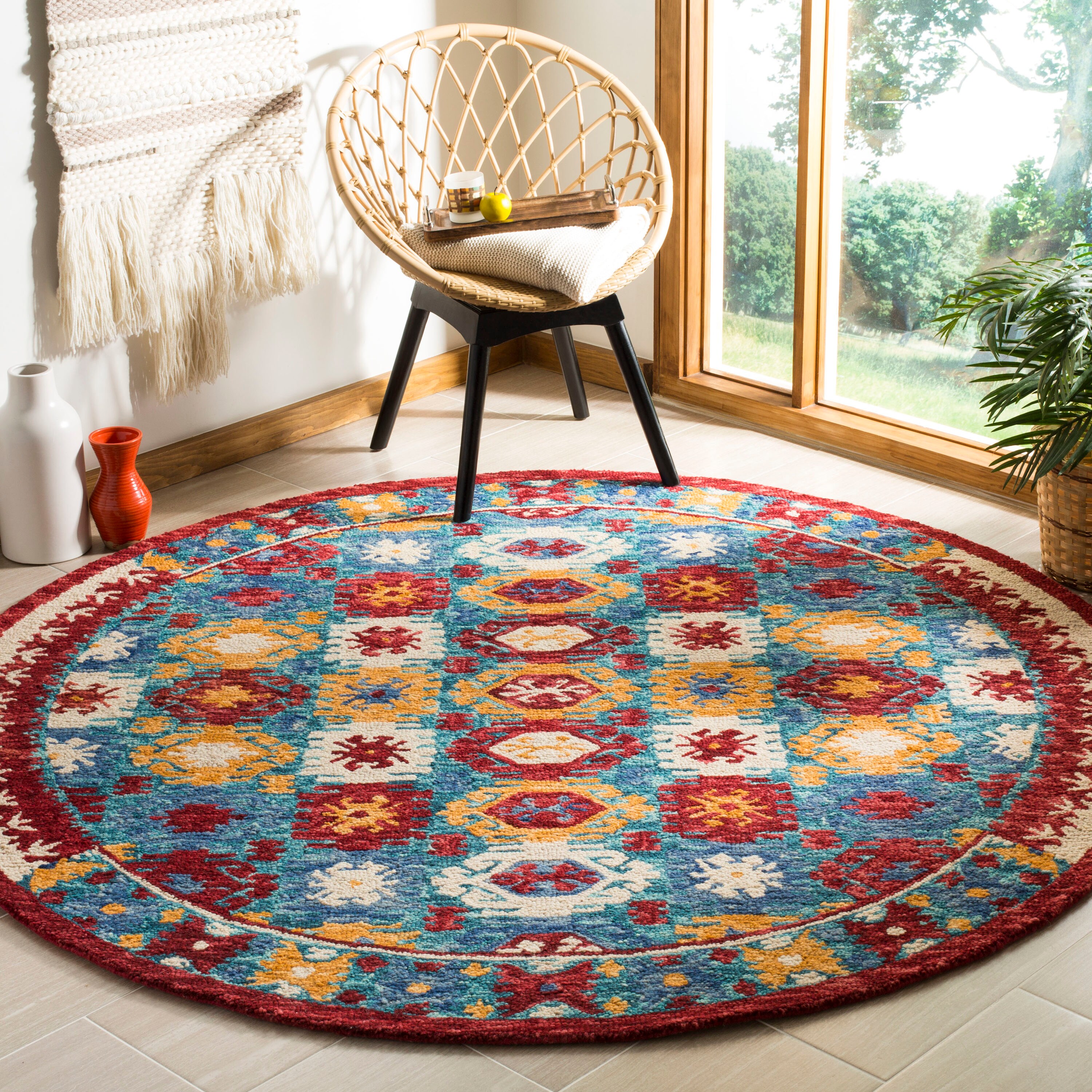Handmade Blue and Red Wool Geometric Round Rug