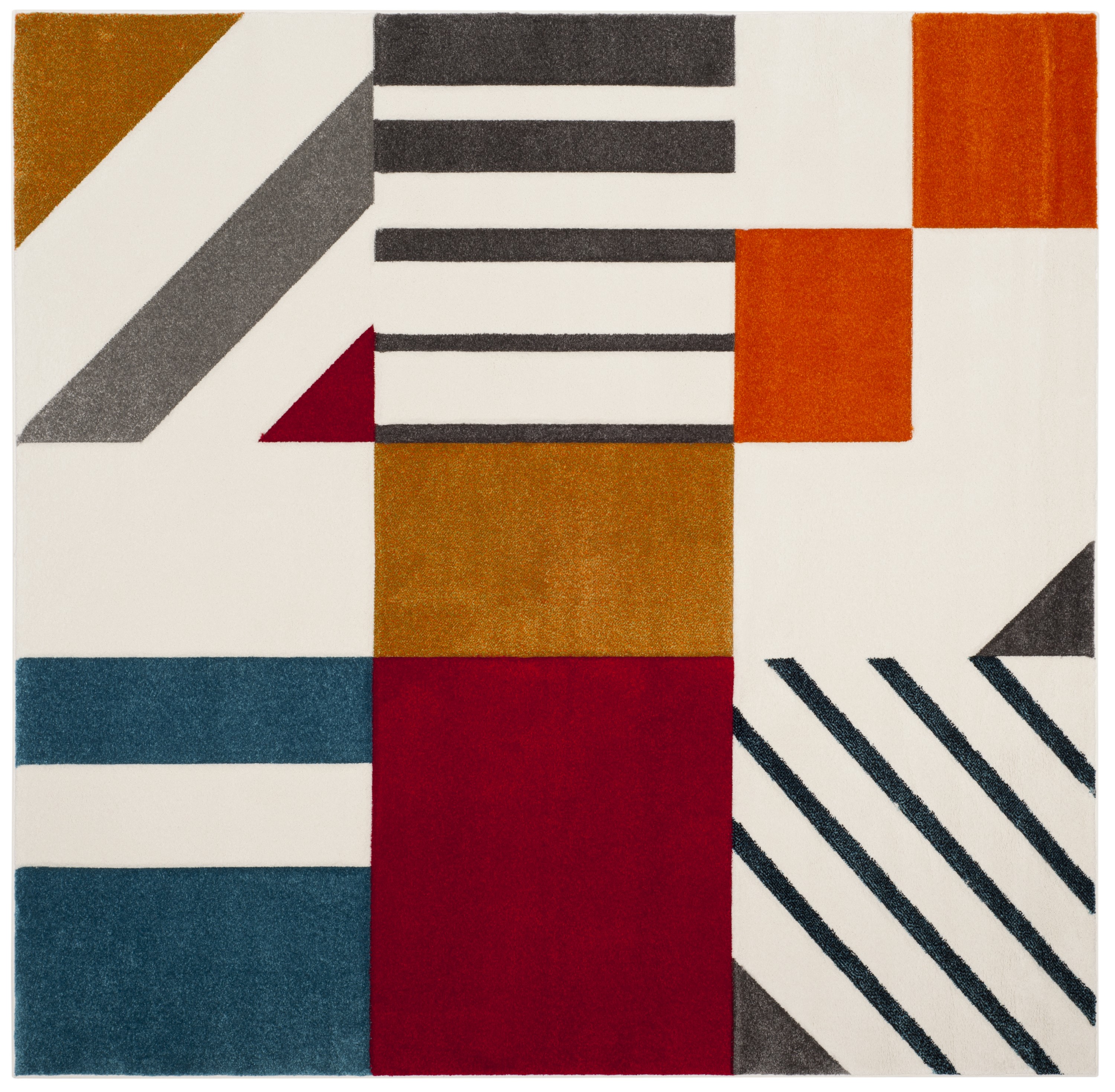 Ivory and Peacock Blue Geometric Mid-Century Modern Square Rug