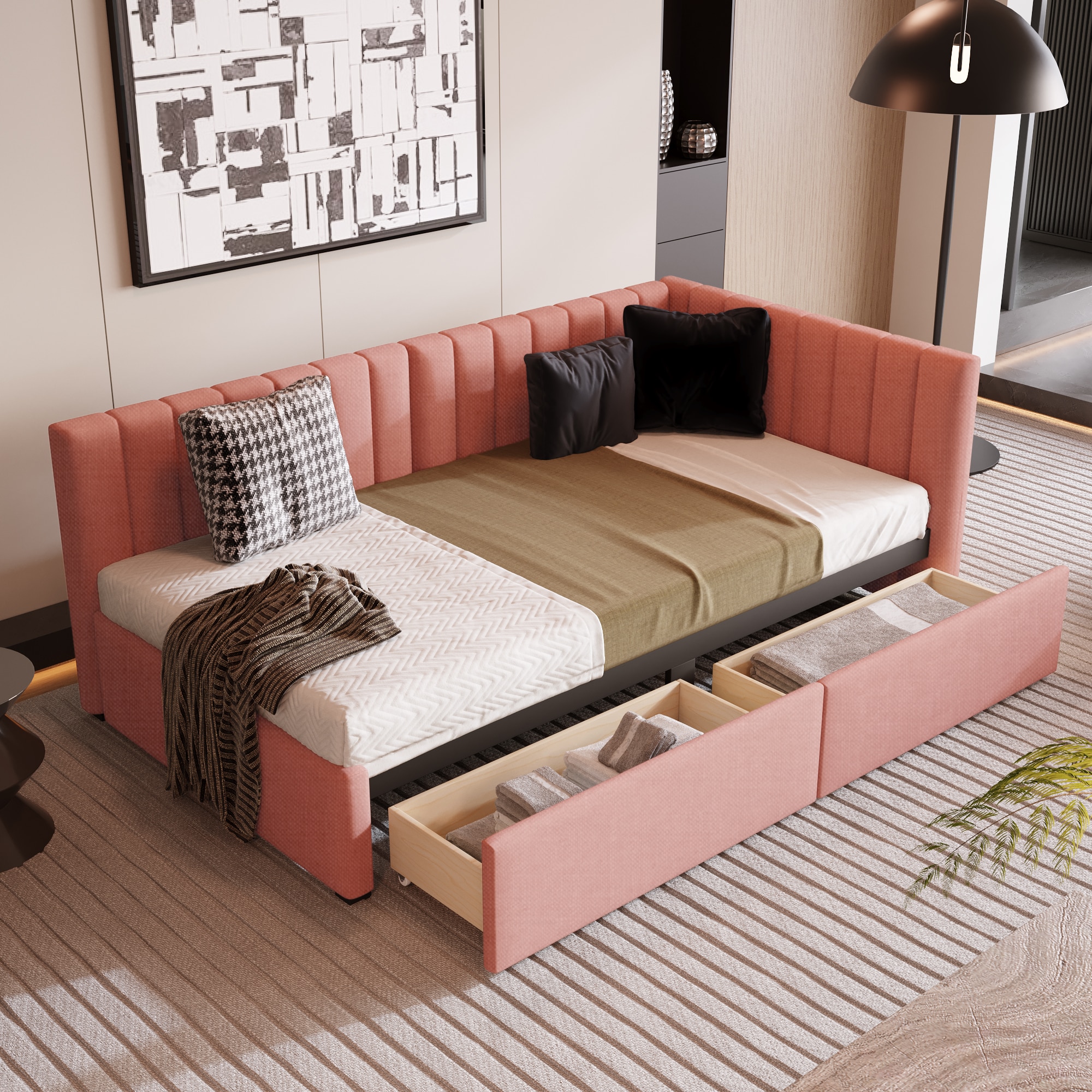 ModernLuxe WF299017AAH Upholstered Daybed with 2 Storage Drawers Twin Size Sofa Bed Frame No Box Spring Needed Linen Fabric Pink