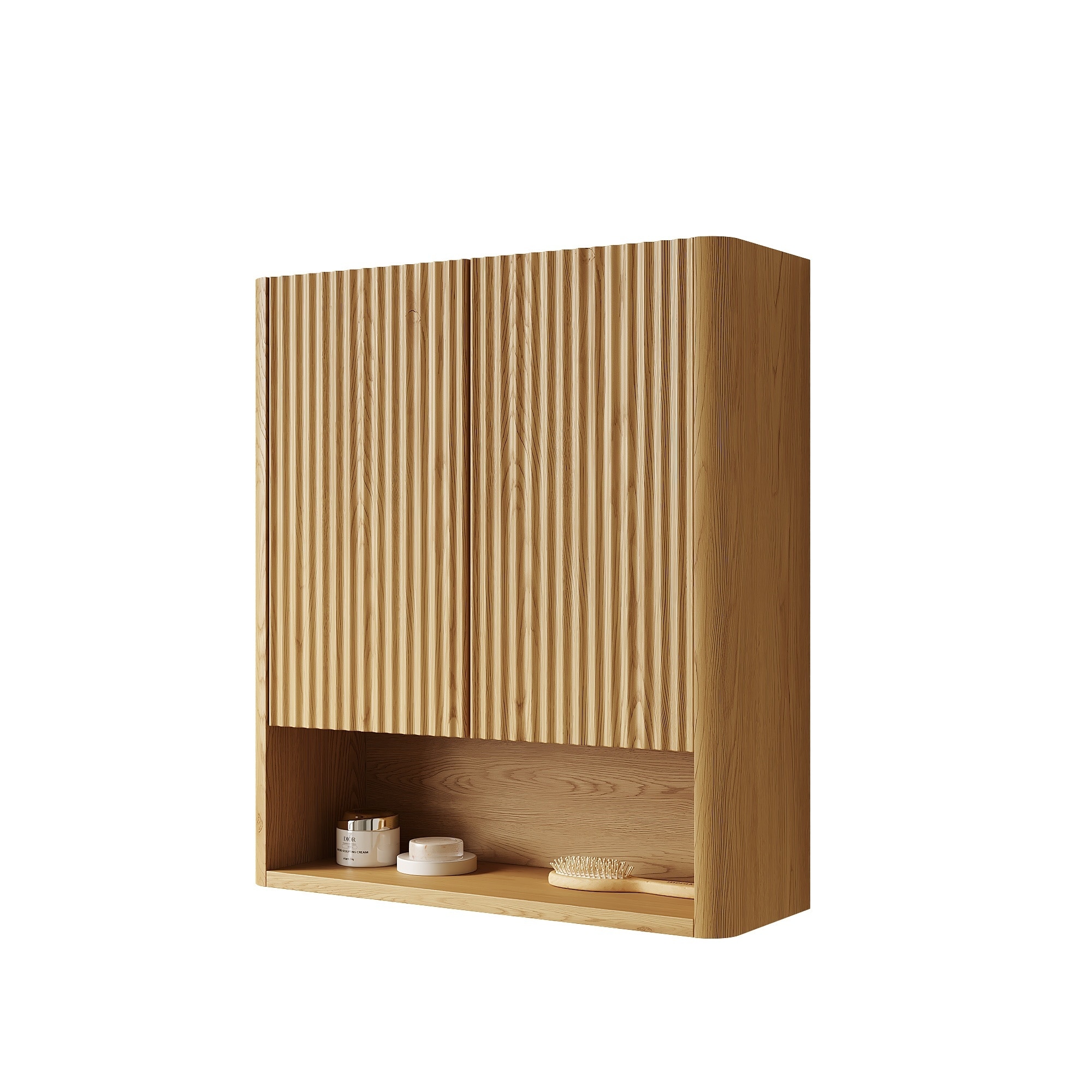 LIVACA 26 inch Golden Oak Solid Wood Wall-Mounted Medicine Cabinet with Doors Shelf and Open Storage Compartment with Soft-Closing System