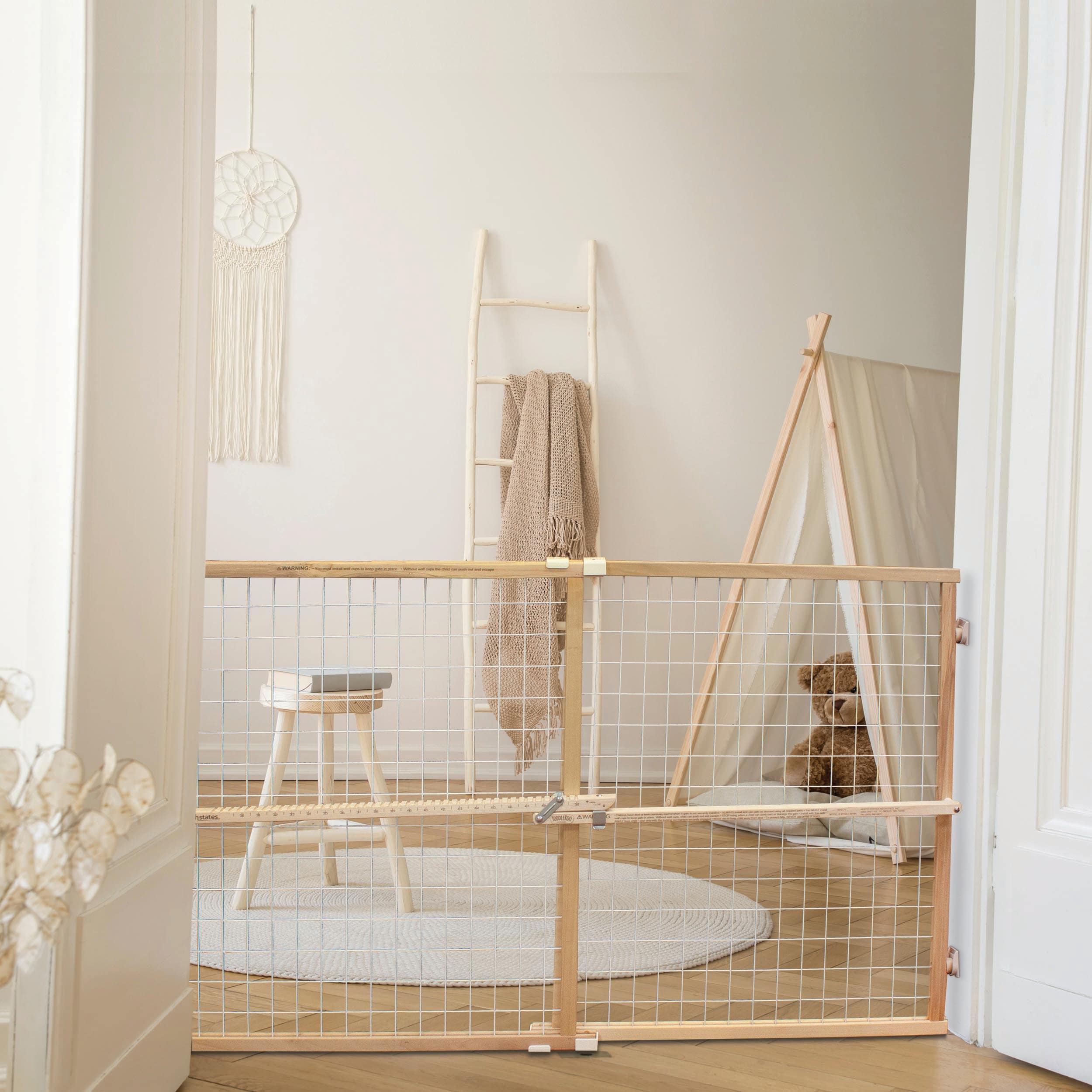 Extra-Wide White Wood and Metal Mesh Baby Gate
