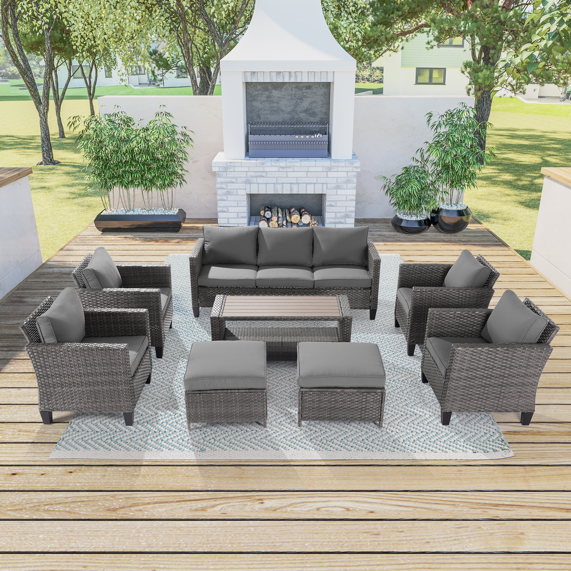 Sonkuki SD-PS-115HGY-S2T1 Patio Conversation Set 8 -Piece Wicker Patio Sofa Conversation Set with Gray Cushions
