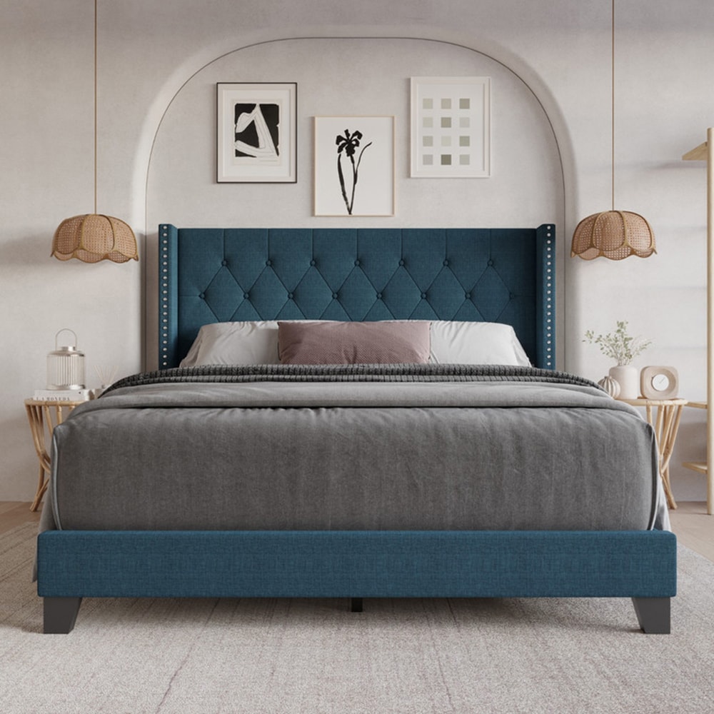 Full Denim Blue Wood Tufted Panel Bed with Headboard
