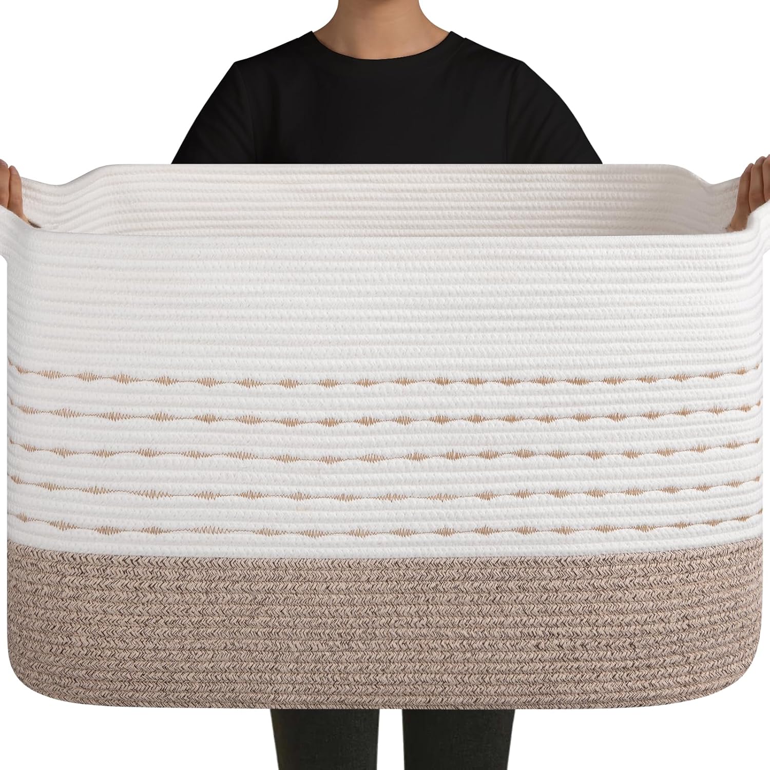 OIAHOMY B0FB3SLWJC 108L Extra Large Blanket Basket Rectangle Woven Cotton Rope Baskets for for Living Room Toy Storage with Handle Gradient Light Brown