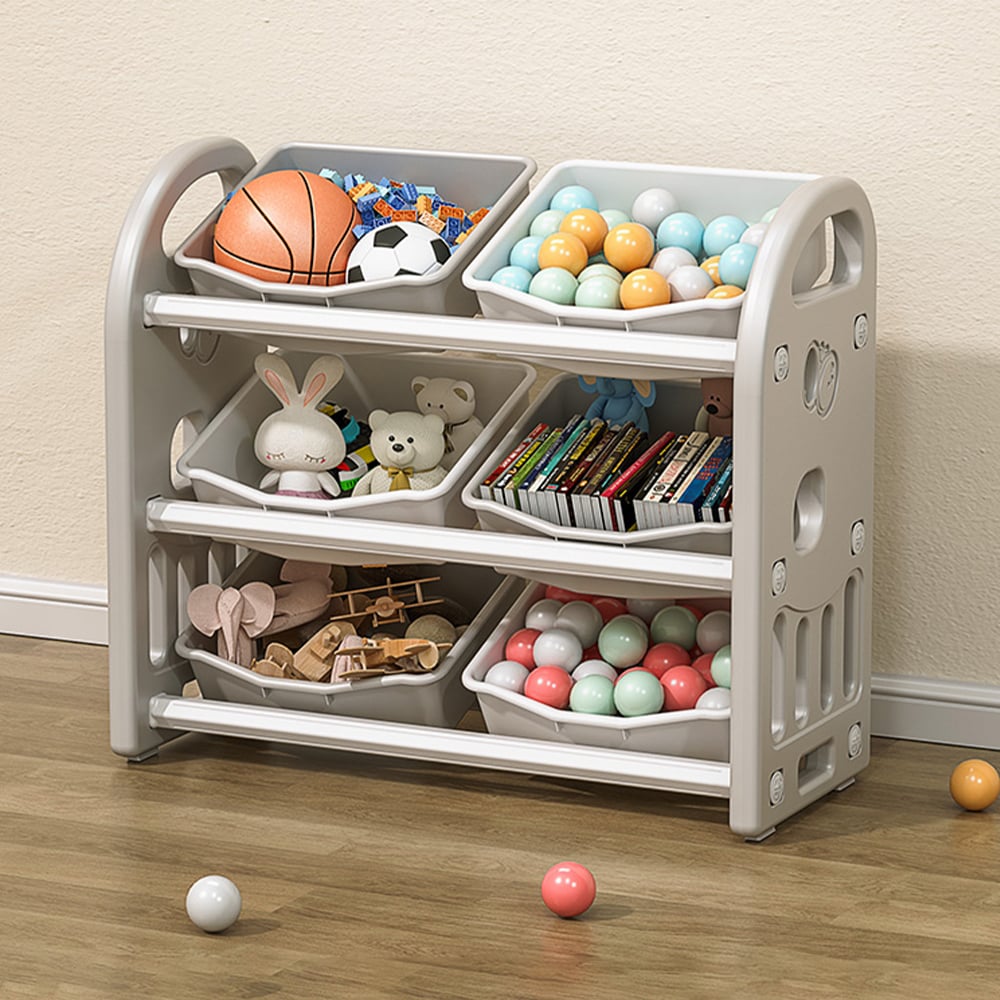 OIAHOMY Kids Toy Storage Organizer with 6 Bins Multi-functional Nursery Organizer Kids Furniture Set Toy Storage Cabinet Unit with HDPE Shelf and Bins for Playroom Bedroom Living Room Grey Color