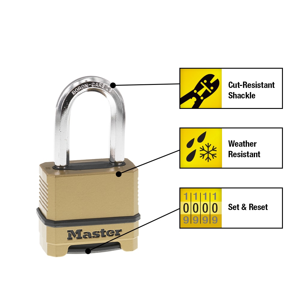 Master Lock 1175D, Combination Padlock, Resettable Bottom-Dial Location,  1-1/16 Inch Shackle Height, 6MCR0
