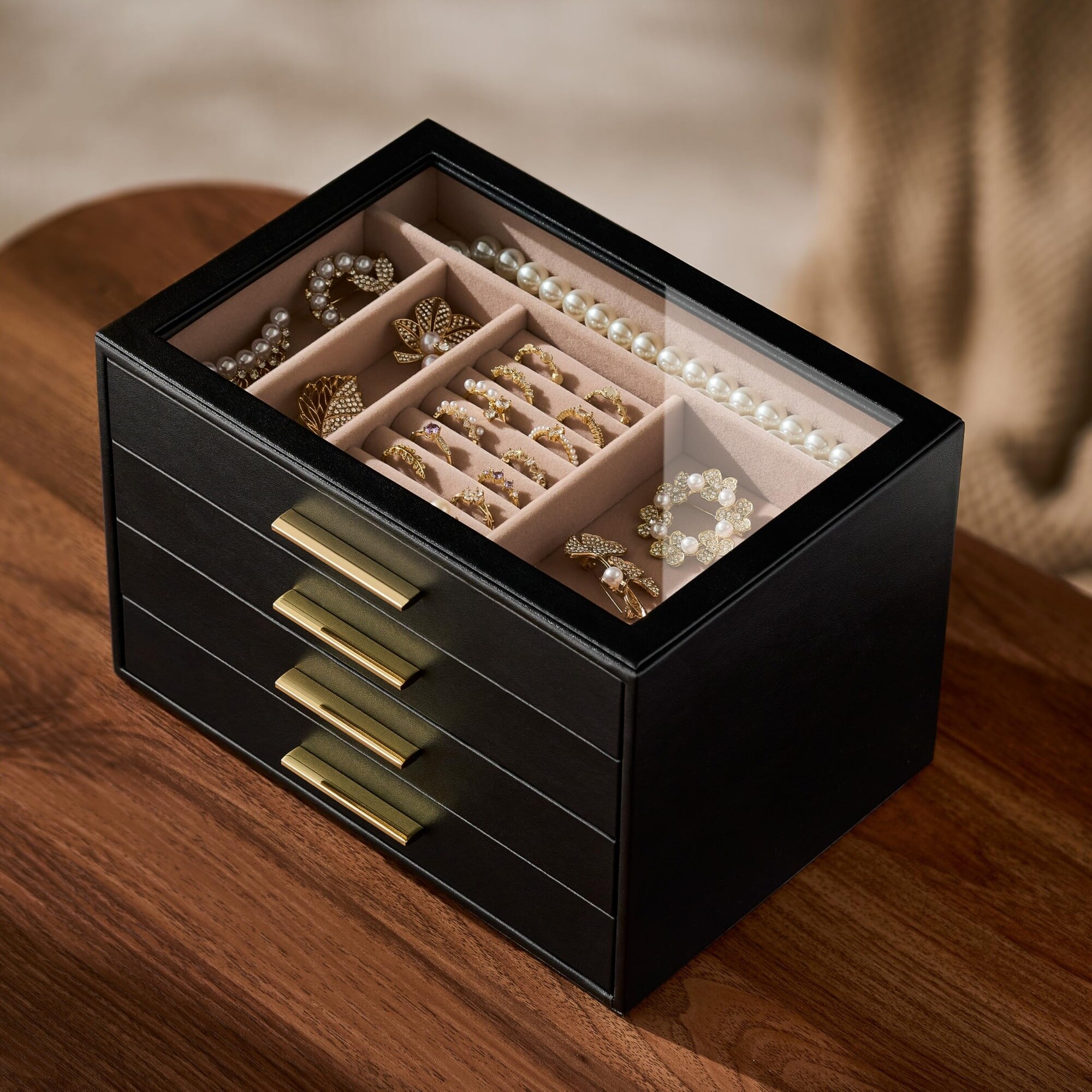 Etokfoks Black Glass Top Leather Jewelry Box with Blush Velvet 4 Layer ...