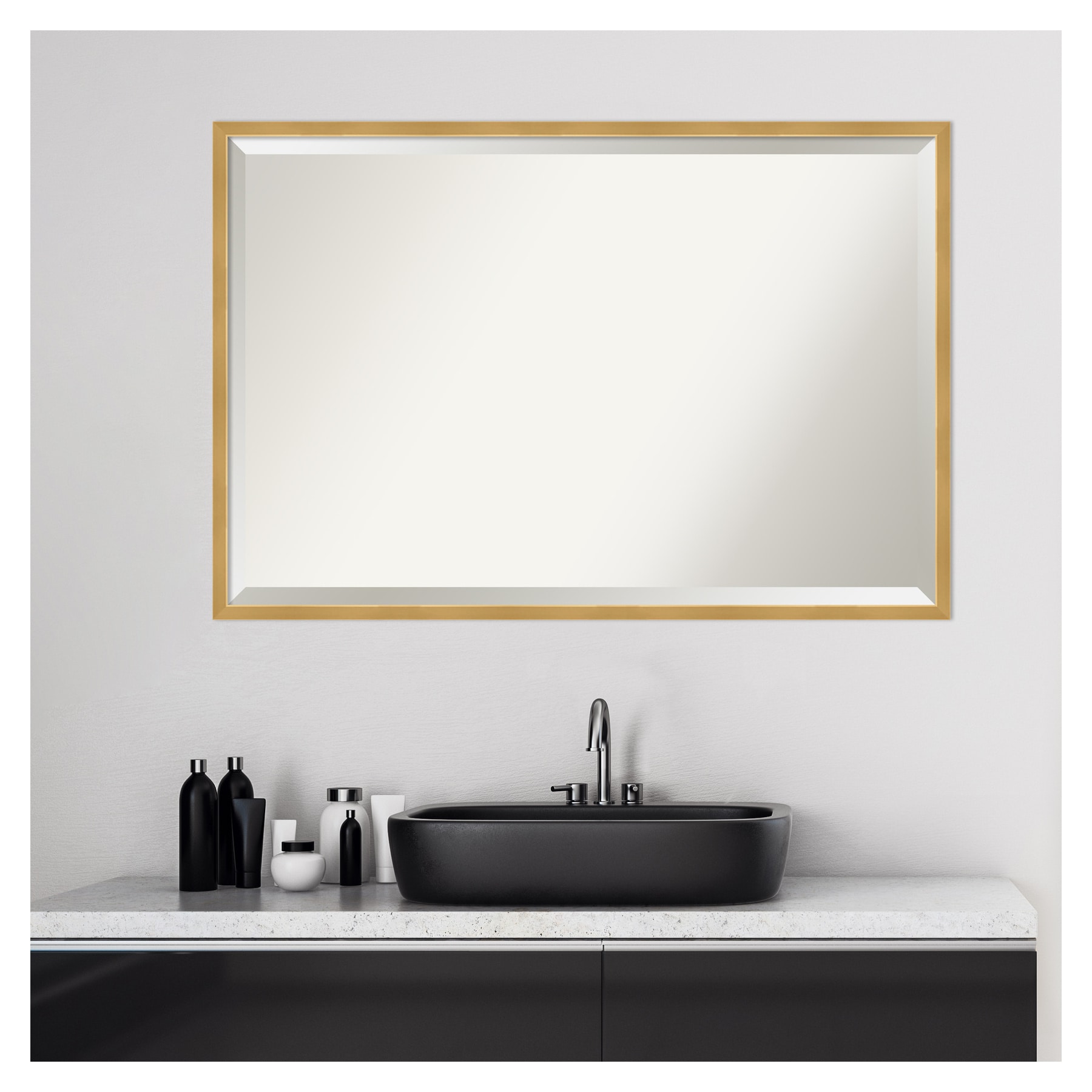 Svelte Polished Gold Beveled Wood Bathroom Vanity Mirror