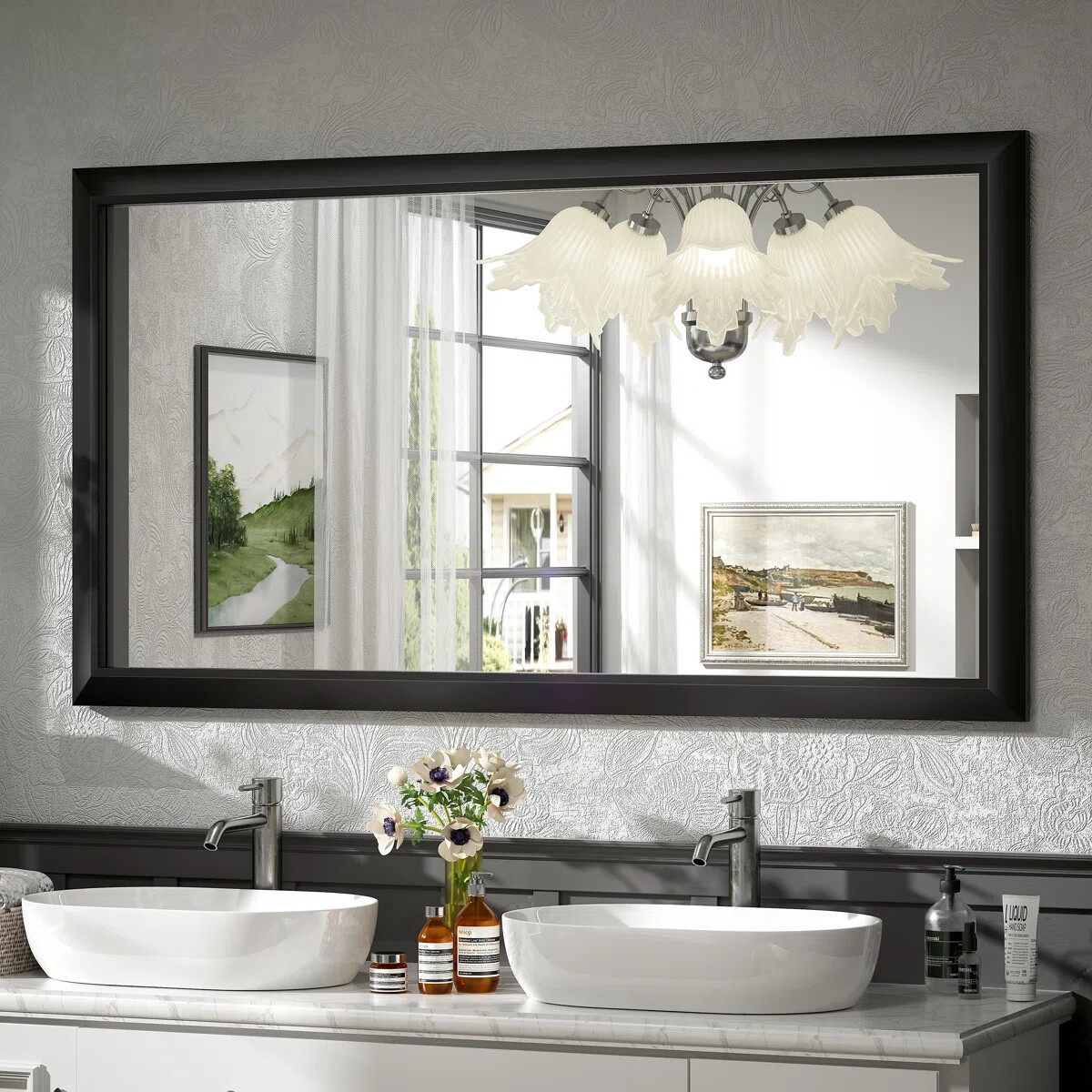 YQP 55x30 Inch Rectangle Thick Metal Framed Bathroom Mirrors with Tempered Glass