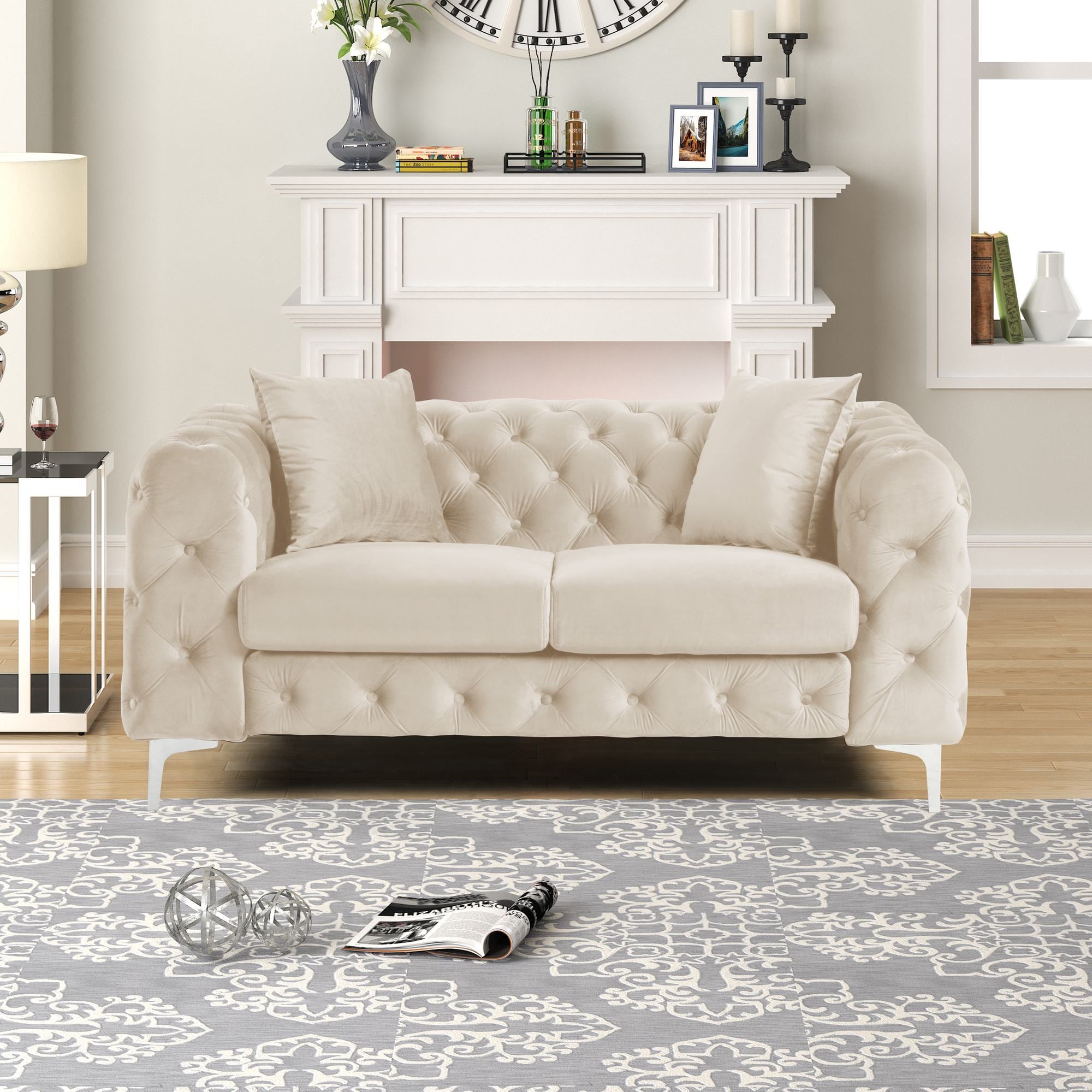FARATI 8212-BEIGE-2 Contemporary 62 Loveseat with Deep Button Tufting Dutch Velvet Solid Wood Frame and Iron Legs