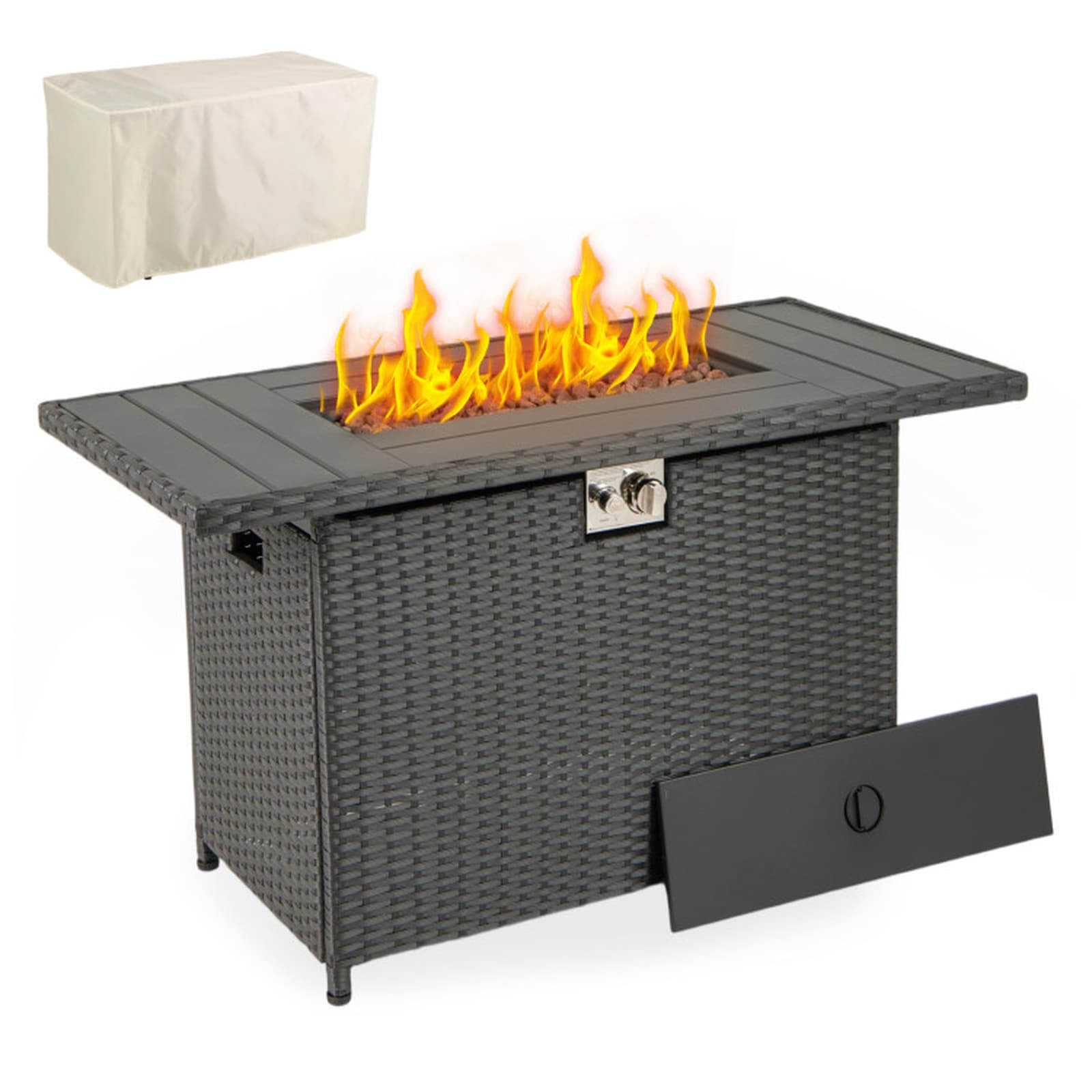 44.5-in Propane Fire Pit Table Rattan Gas -1 with Stainless Steel Burner-Black