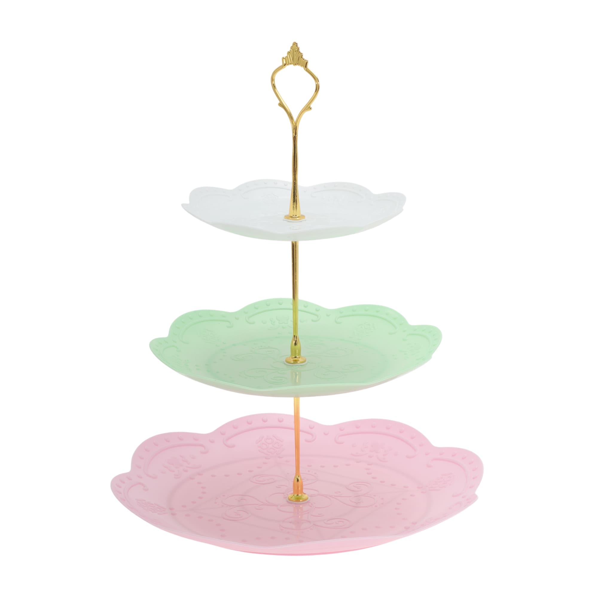 Unique Bargains 3 Tier Dessert Cupcake Stand Cupcake Stand Holder Round Cup Cake Holder Tower with Tiered Serving Tray for Donuts Fruits White Pink Green Gold Tone