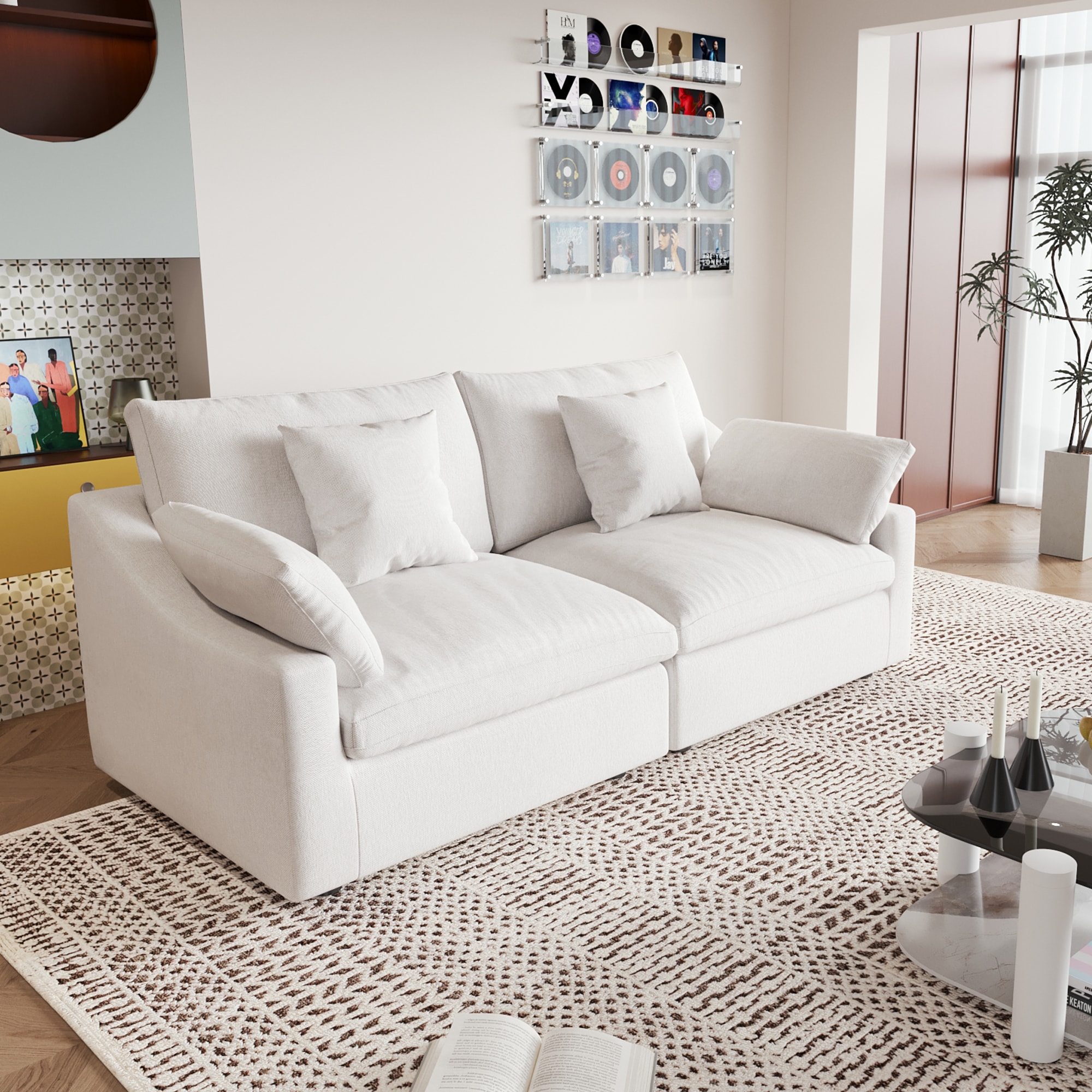 BuotiqHom DH-S2-140WE 83-in Modern White Linen 2 -seater Loveseat