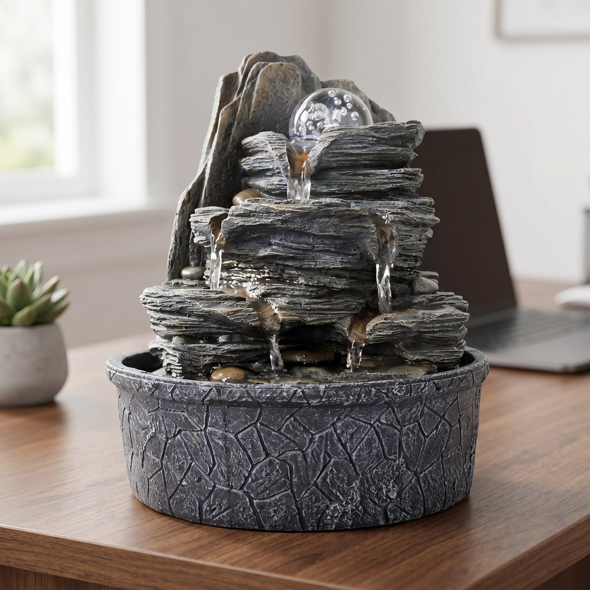 Watnature  9.8 Inch Rockery Indoor Tabletop Water Fountain with Lights and Crystal Ball for Home Office Relaxation Decor