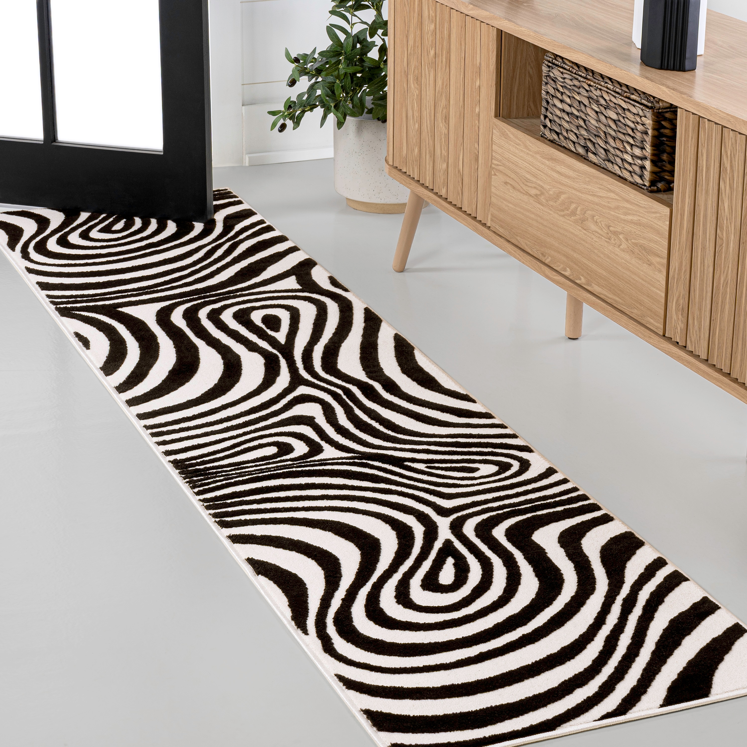 JONATHAN  Y SCN103F-28 SCANDINAVIAN Maribo High-Low Abstract Groovy Striped 2 x 8 (ft) Loomed Black/White Rectangular Indoor Abstract Mid-Century Modern Pet Friendly Runner rug