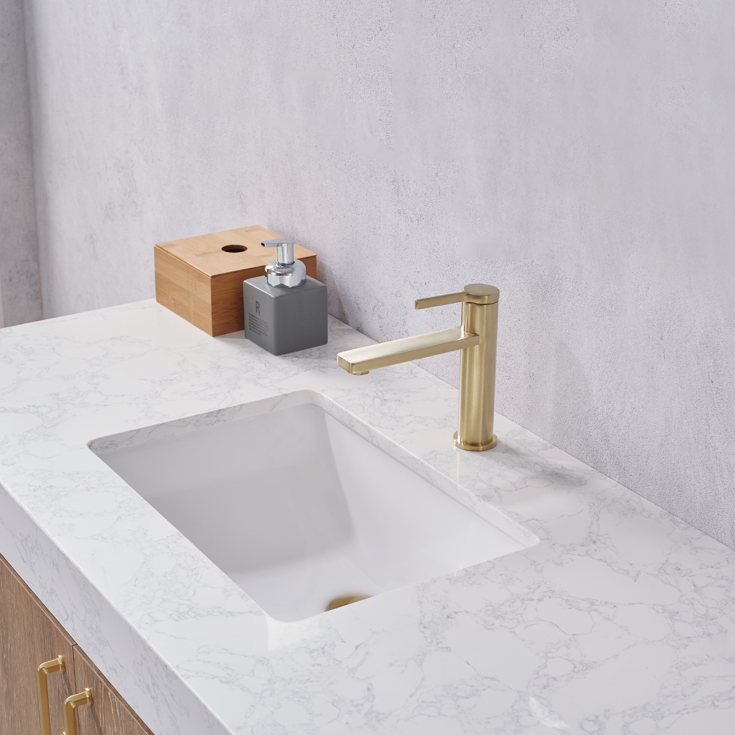 48 Inch Oak Single Vanity with White Stone Top and Brushed Gold Trim