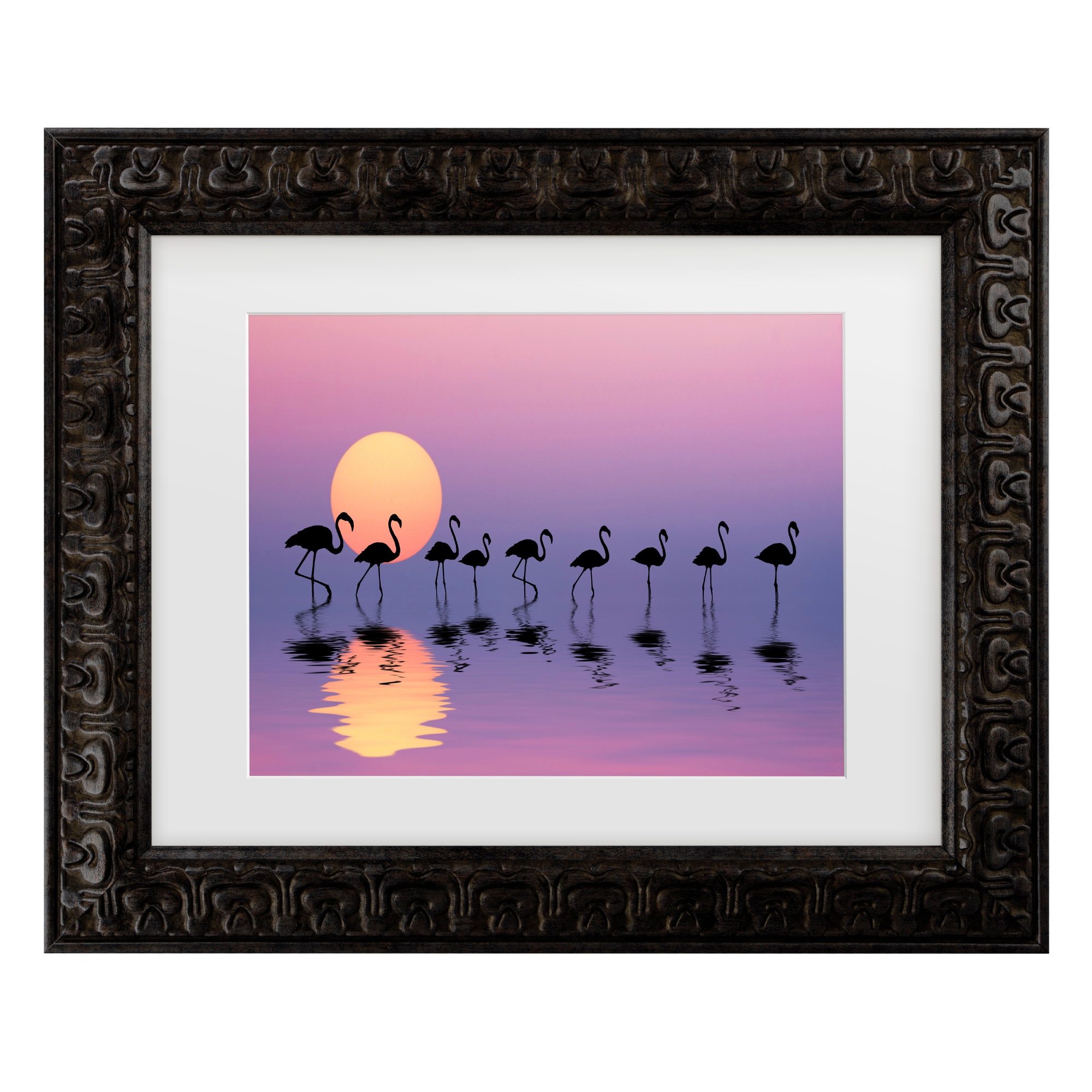 Dark Gold Framed Flamingo Sunset Canvas Print for Kids Nursery