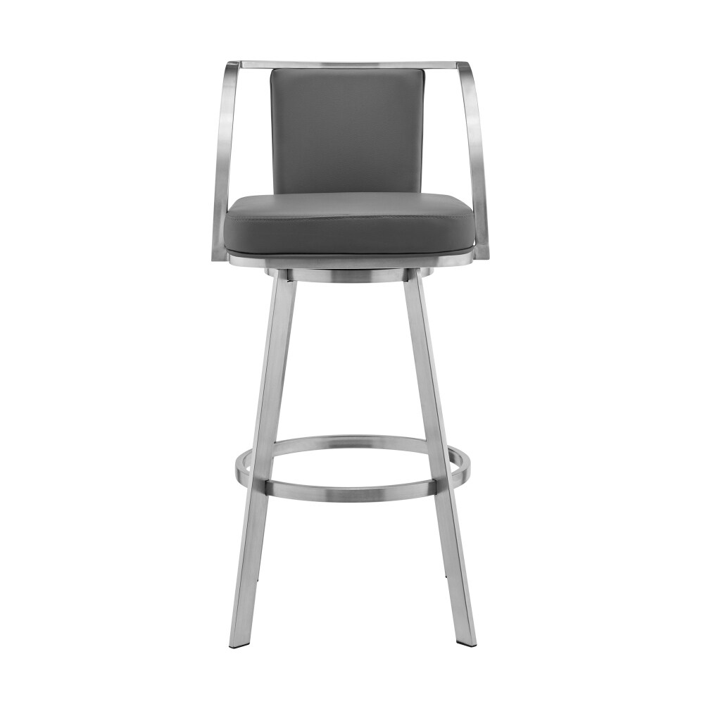 HomeRoots 4000476720 Gray Short Round seat Upholstered Swivel Metal Bar Stool with Arms and Back